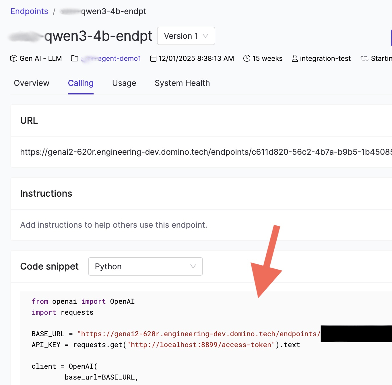 Get endpoint URL and code snippet