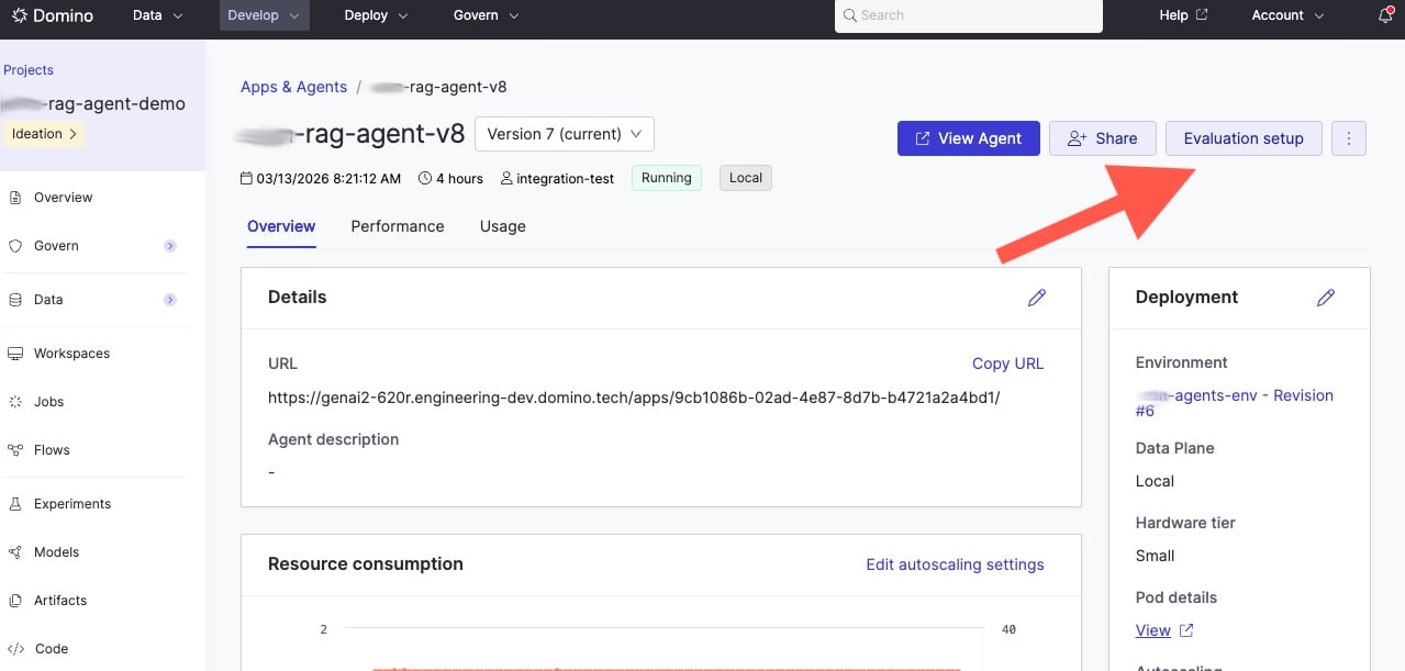 Use the Evaluation setup button to find the agent ID and version