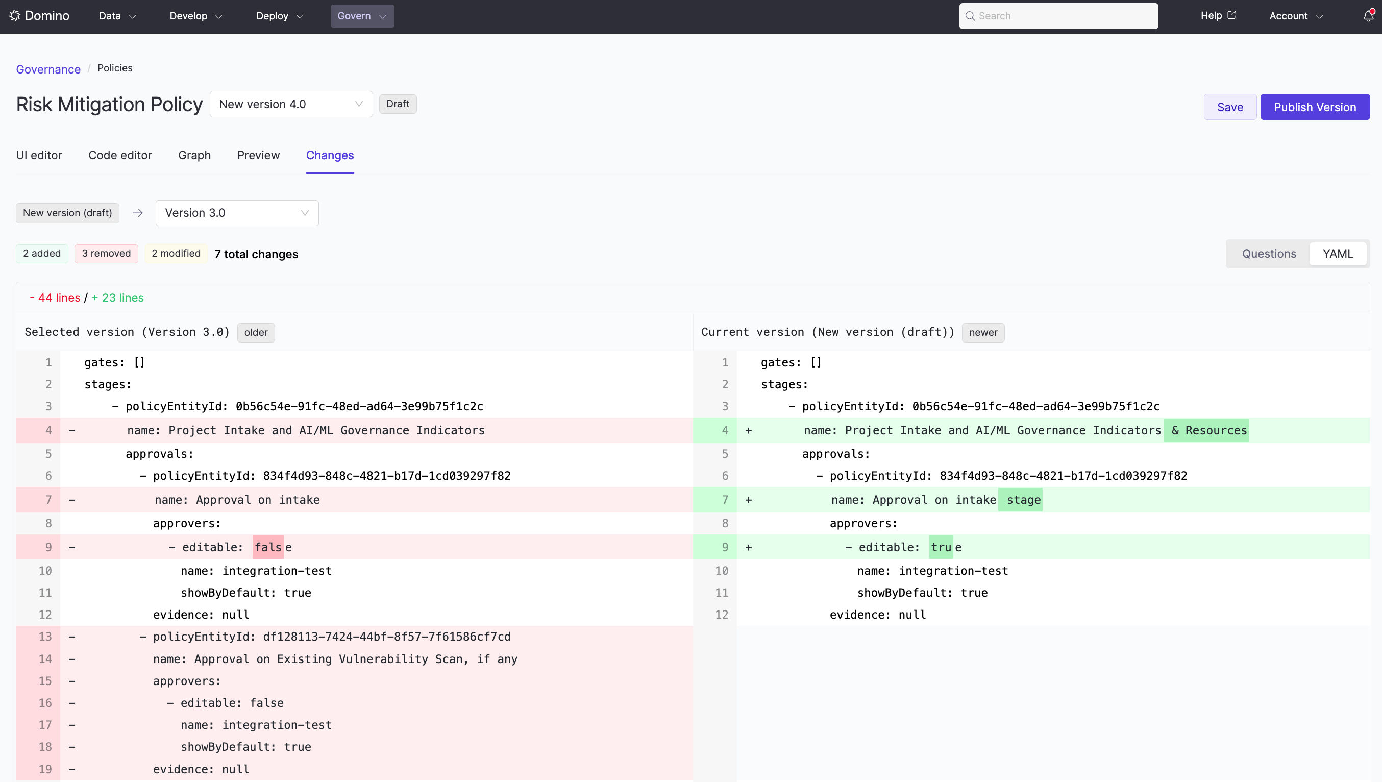 Policy Diff view showing YAML comparison between policy versions