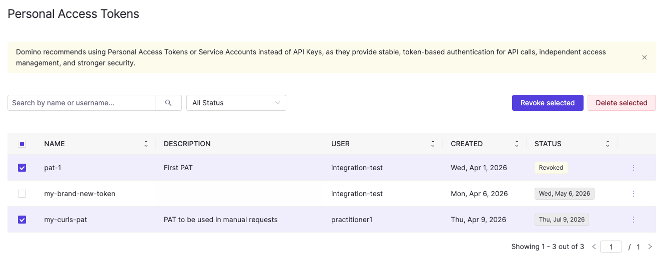 Personal Access Tokens admin panel with bulk selection