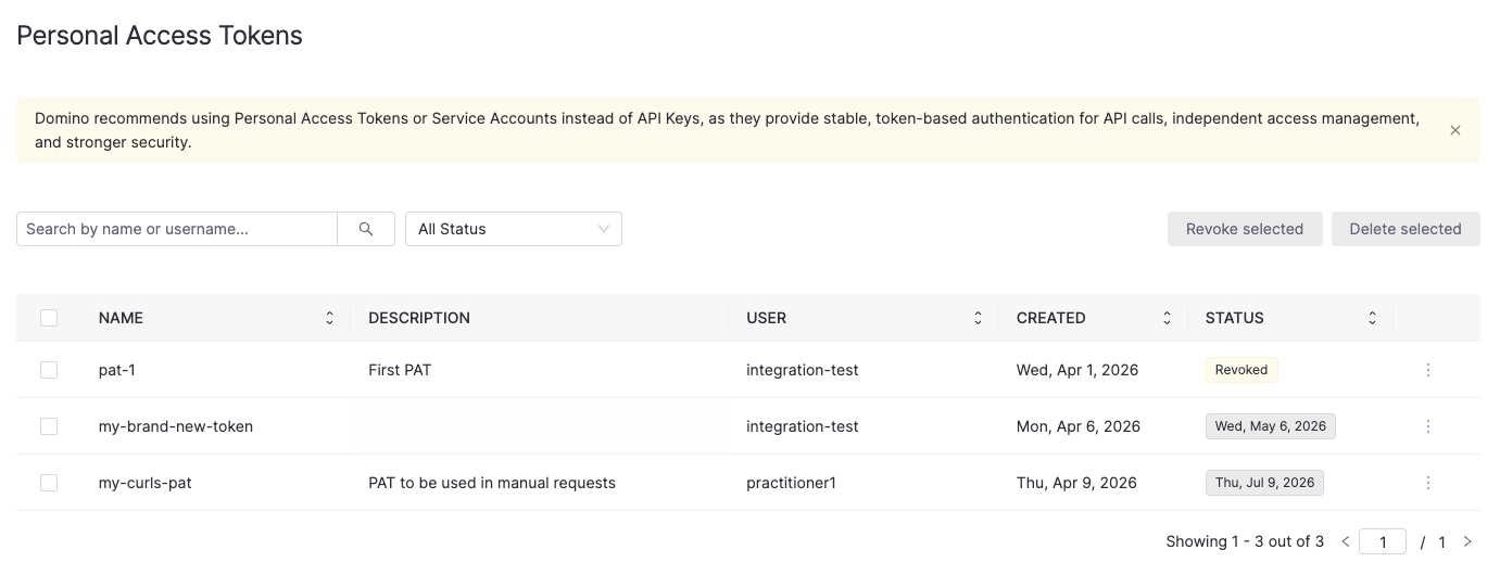 Personal Access Tokens admin panel