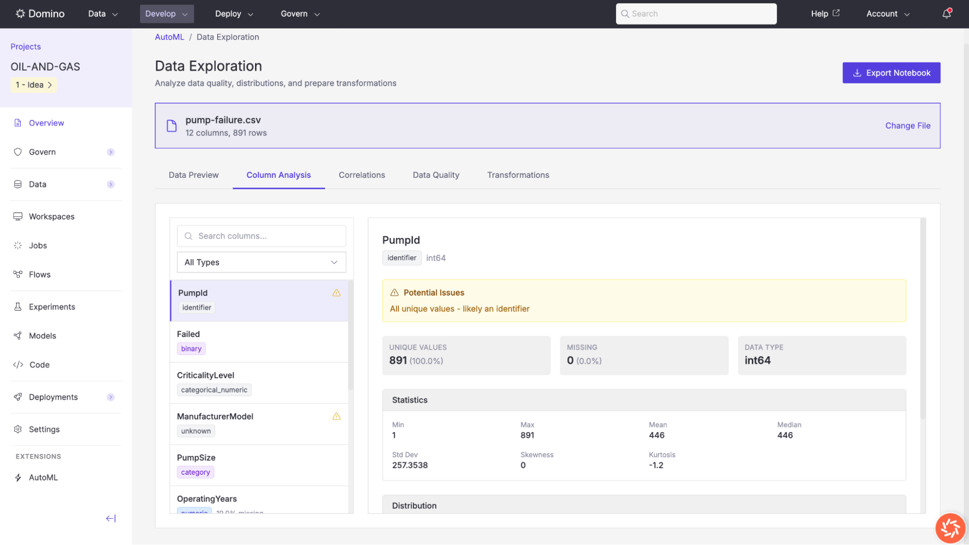 Data Exploration overview with column analysis