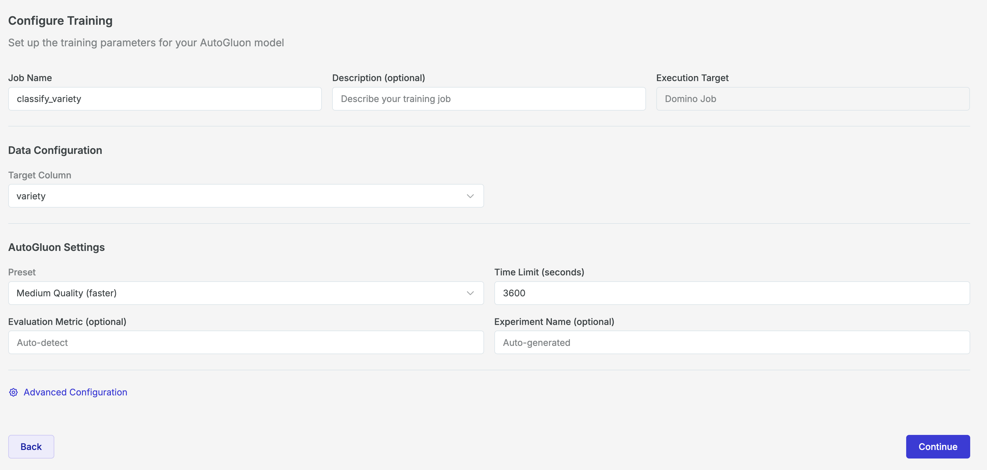 Configure the training of a new training job