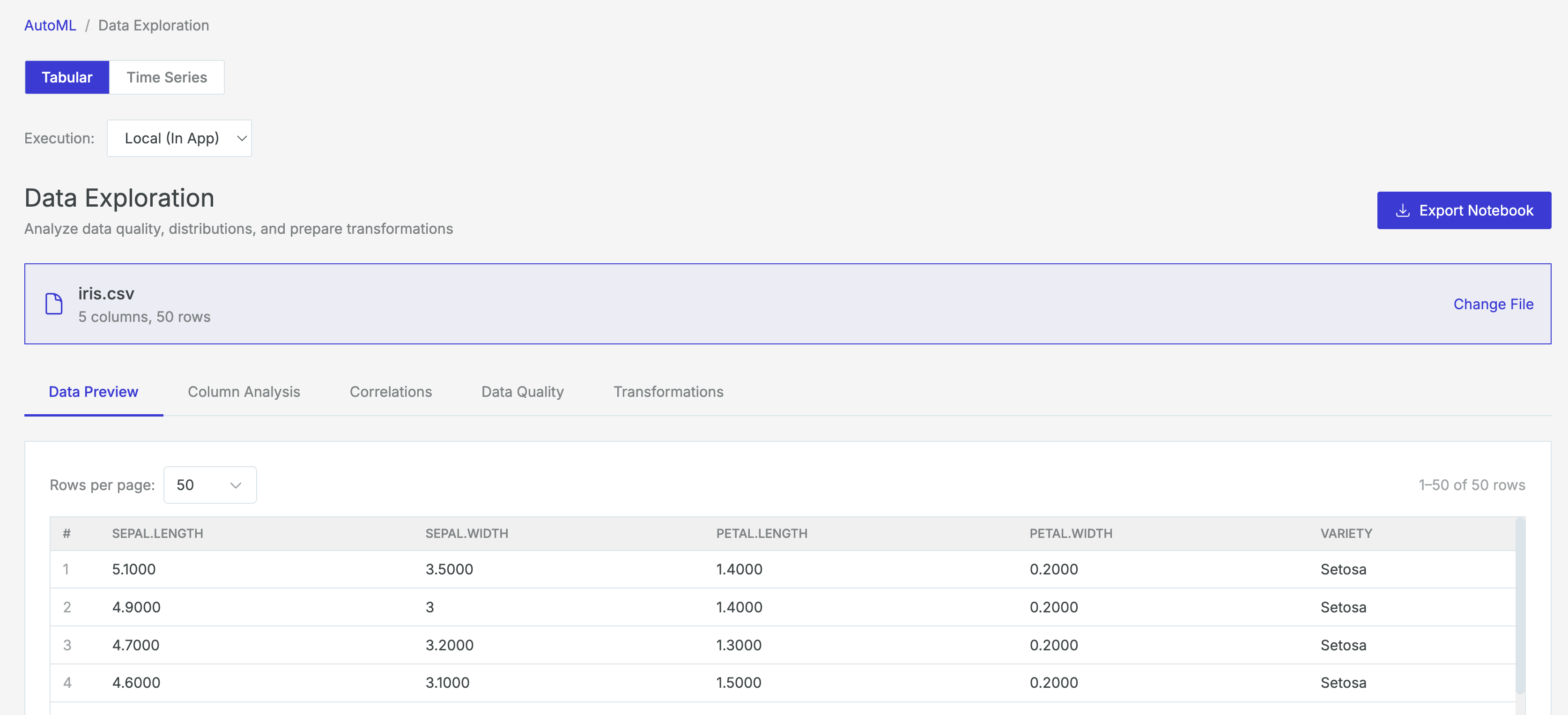 Data Exploration overview with data preview