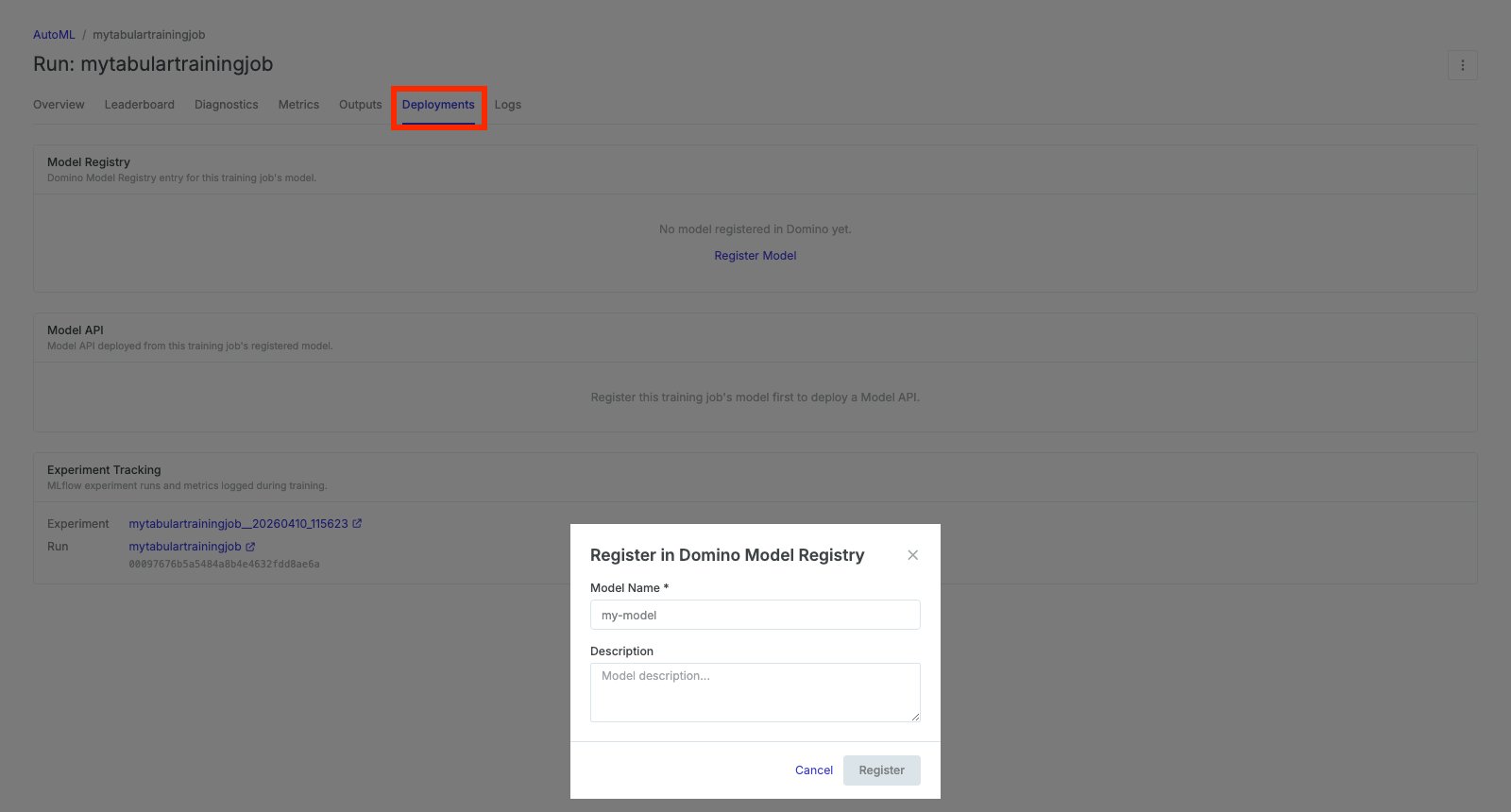 Register model dialog from the Deployments tab