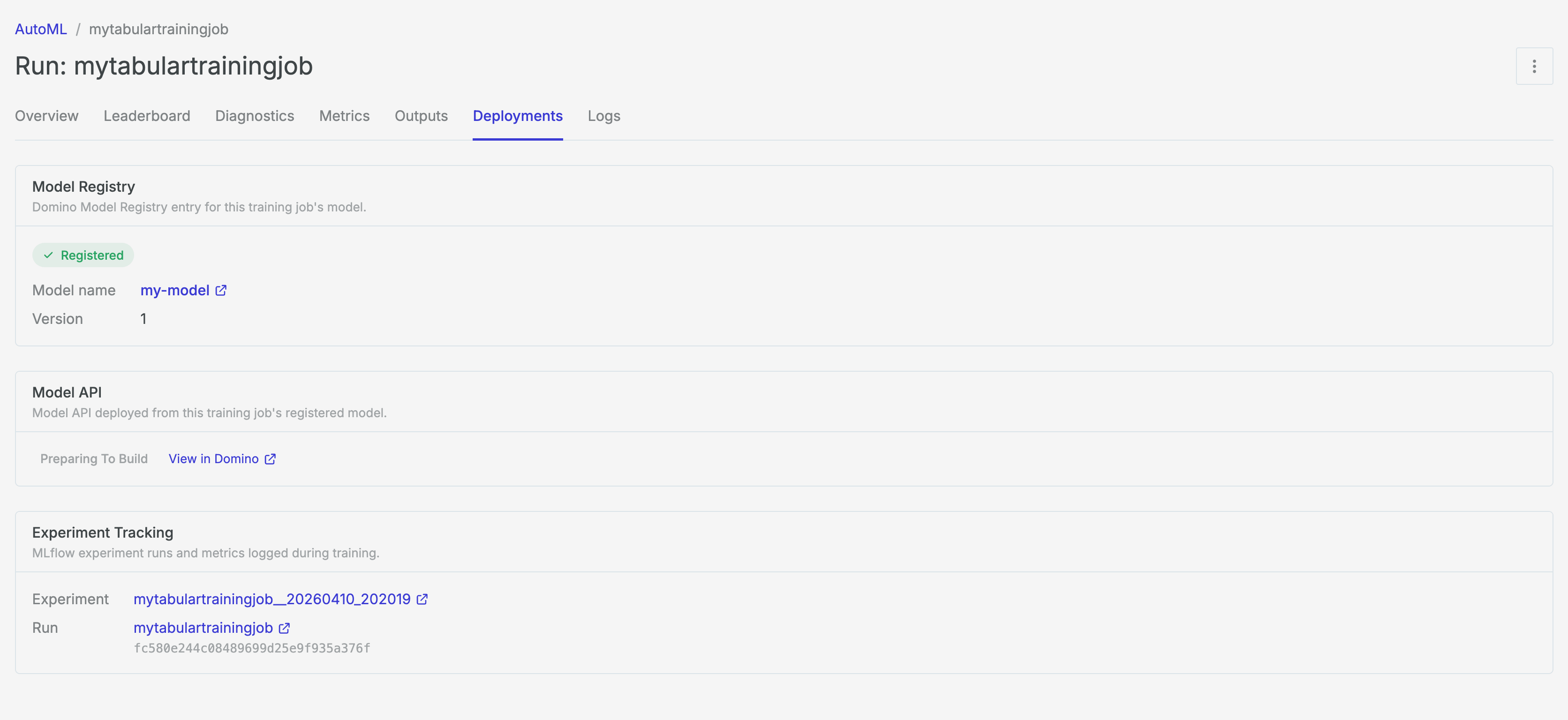 Deployments tab of a completed training job
