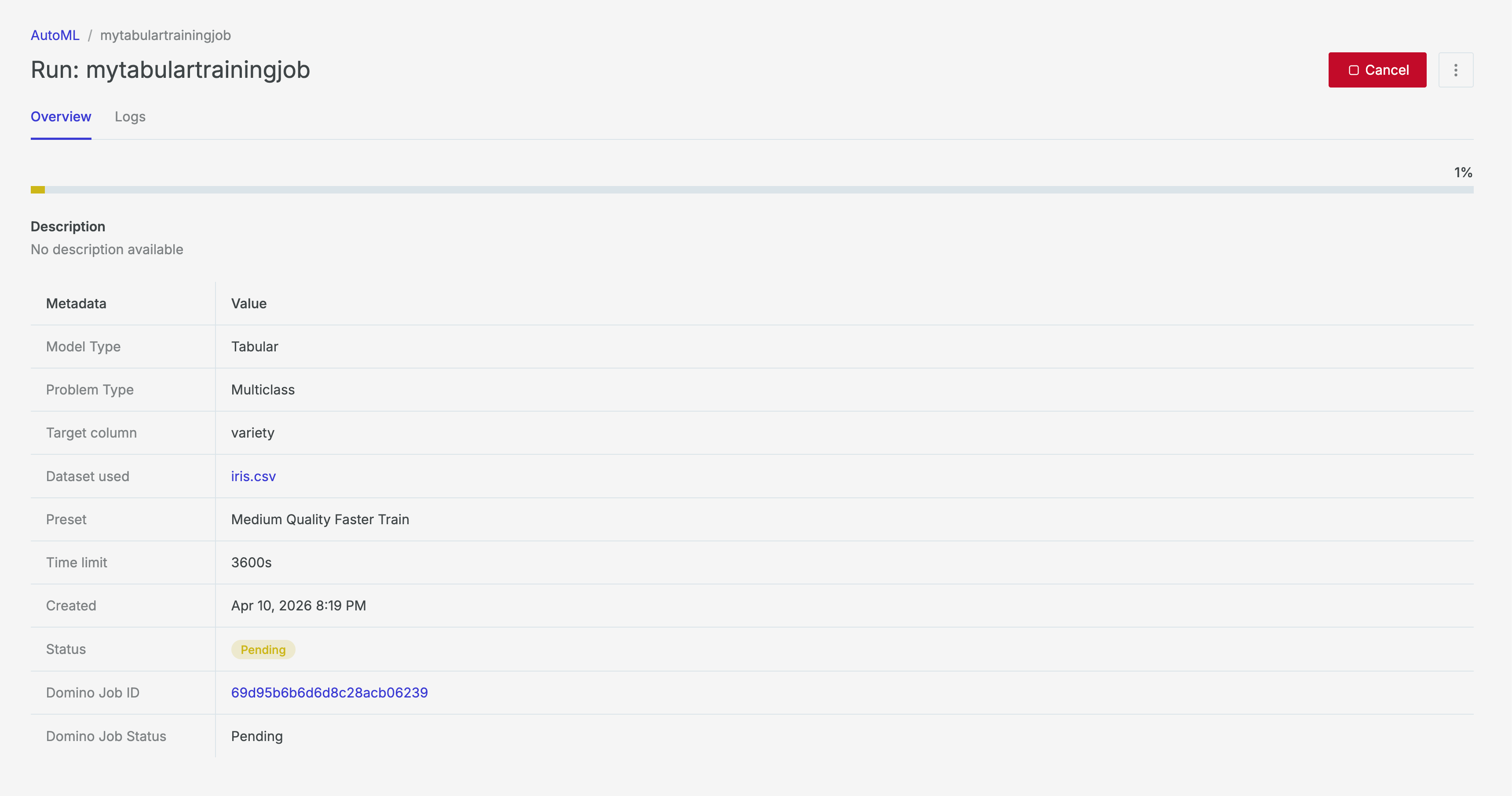 Overview tab of a completed training job