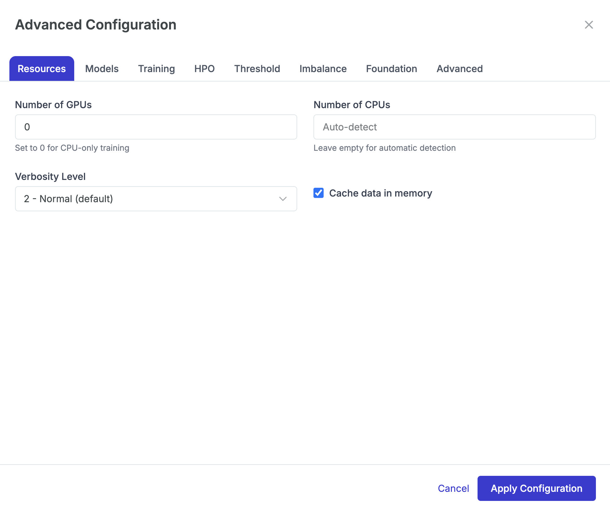 Advanced configuration of the model training