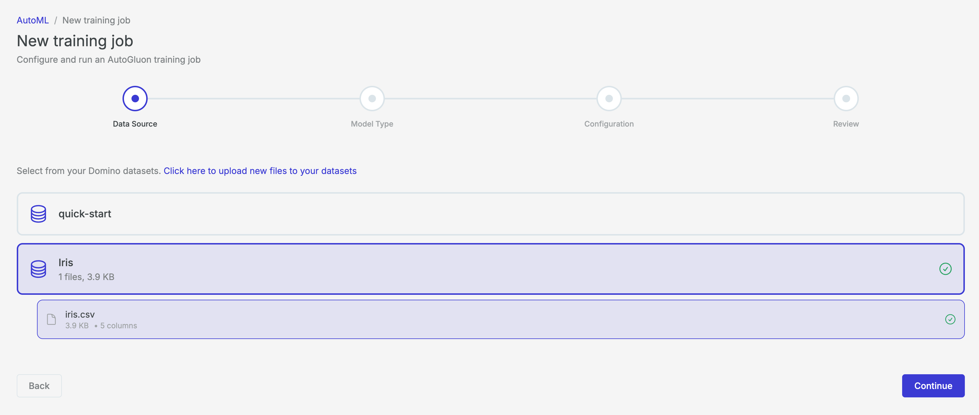 Select a data source for a new training job