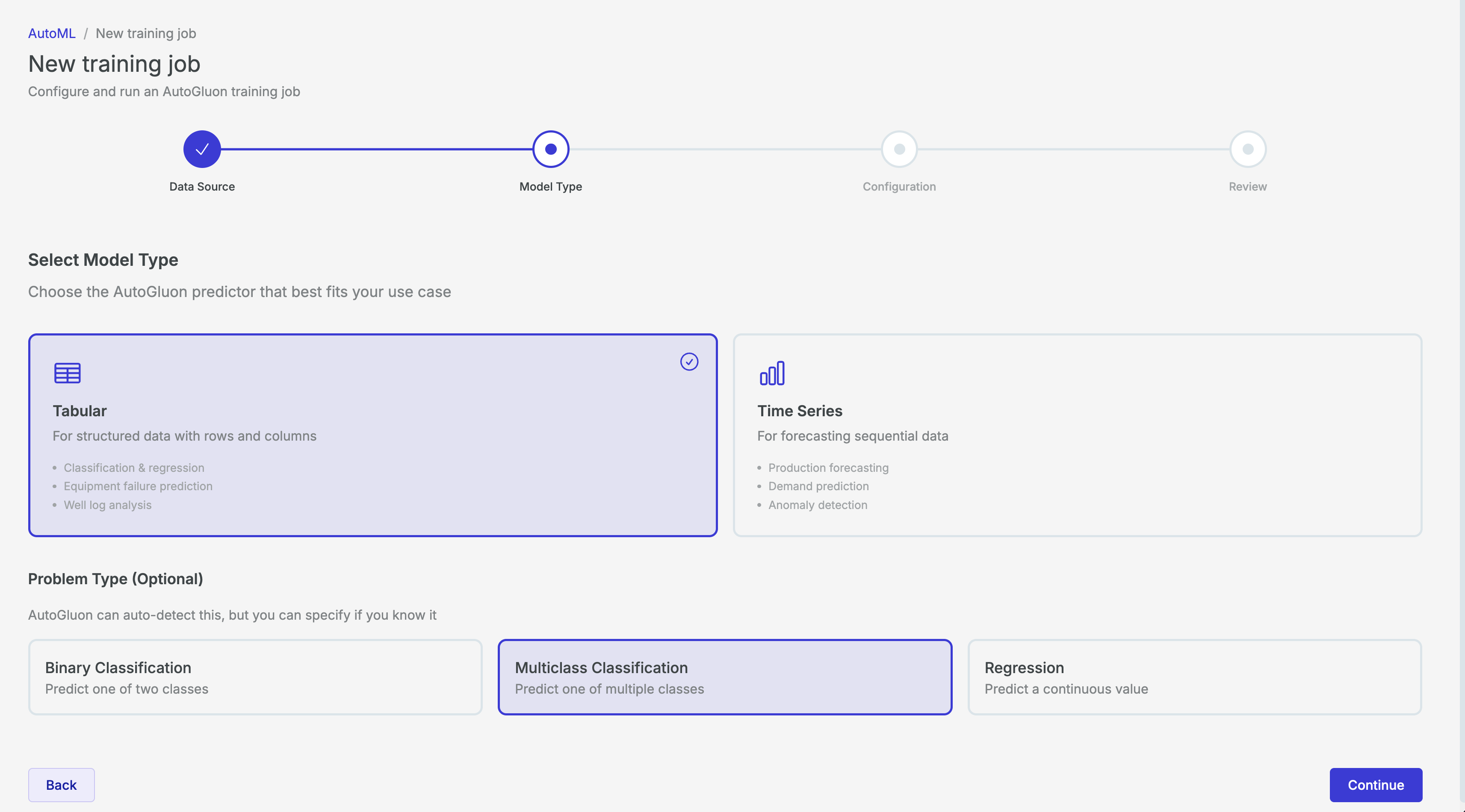 Select a model type for a new training job