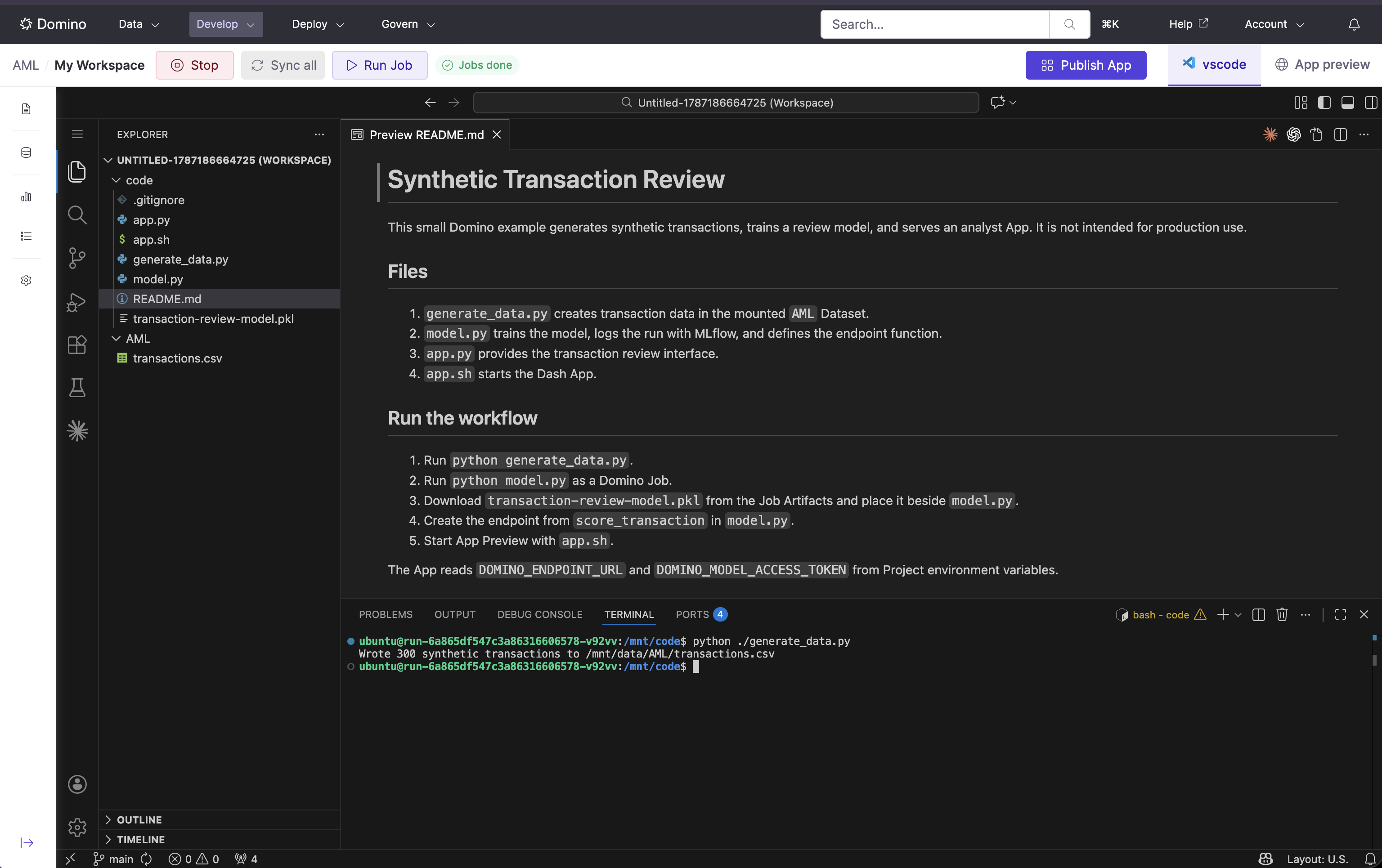 Domino Workspace showing the transaction review files, mounted AML Dataset, and terminal confirmation that 300 synthetic transactions were generated.