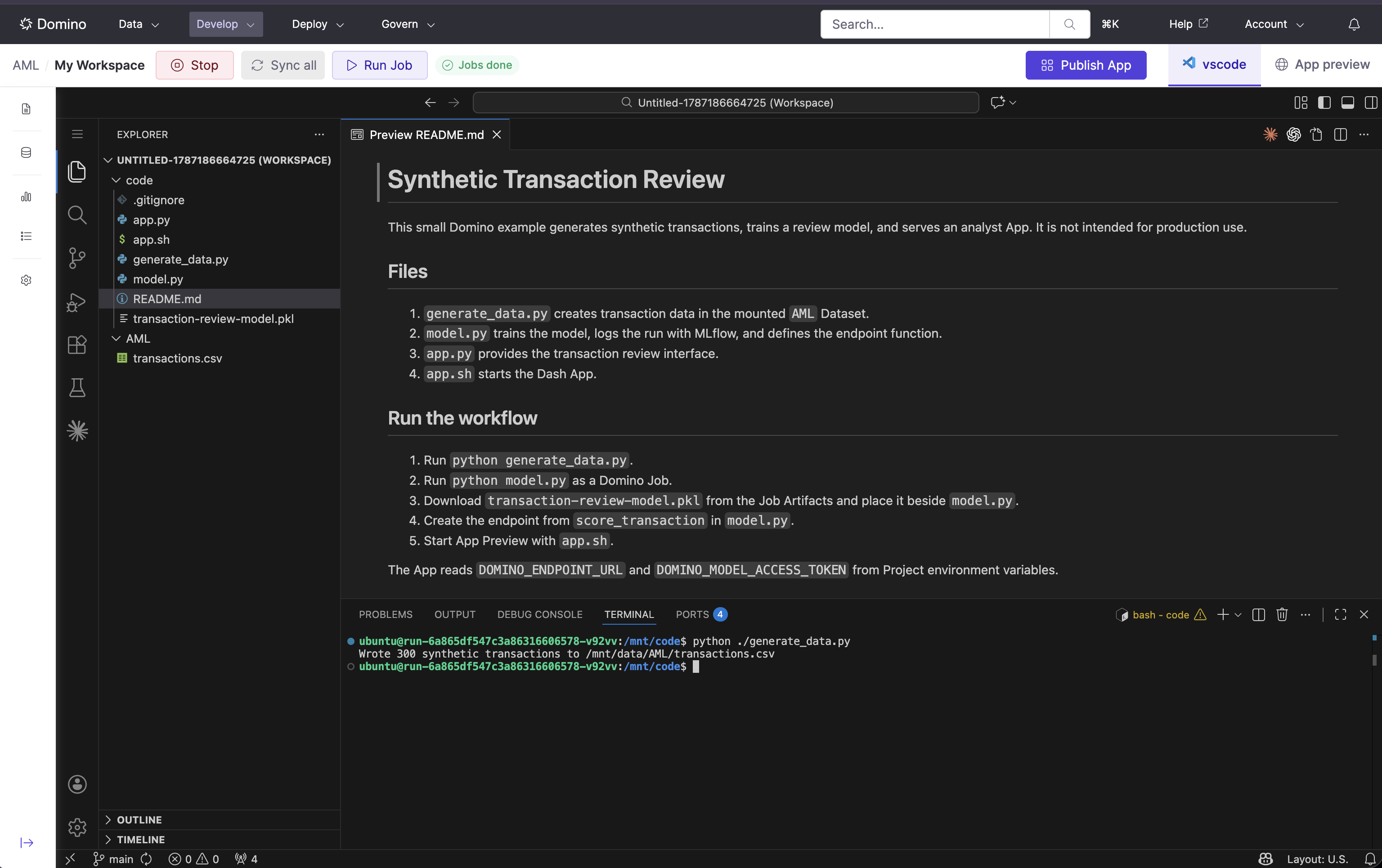 Domino Workspace showing the transaction review files, mounted AML Dataset, and terminal confirmation that 300 synthetic transactions were generated.