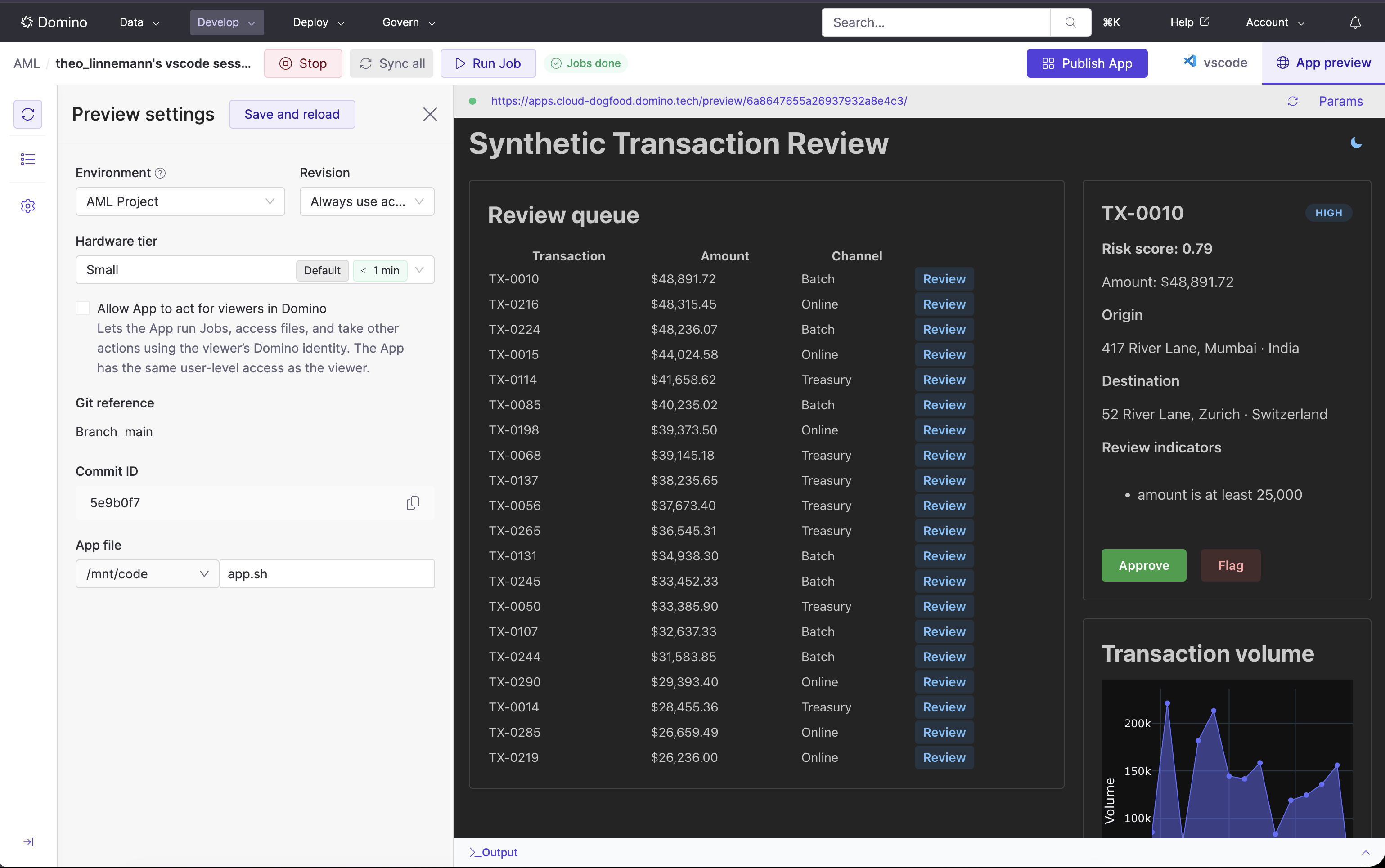 App Preview settings beside the Synthetic Transaction Review App with a scored transaction.