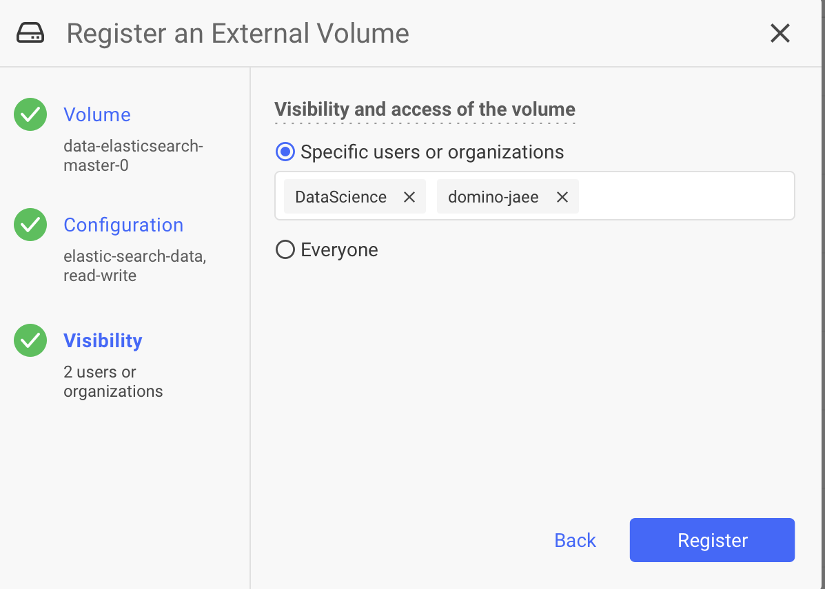 Access step of the External Data Volume registration wizard.