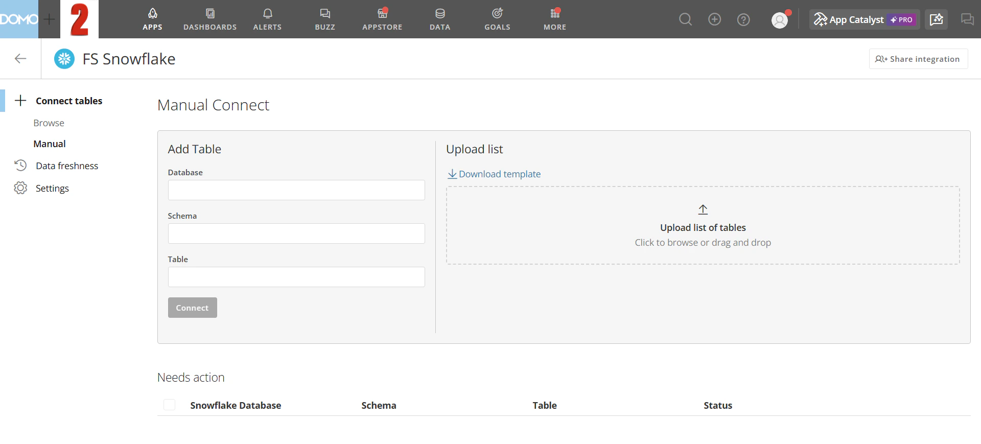 The Manual tab lets you add individual tables or upload a list of tables.