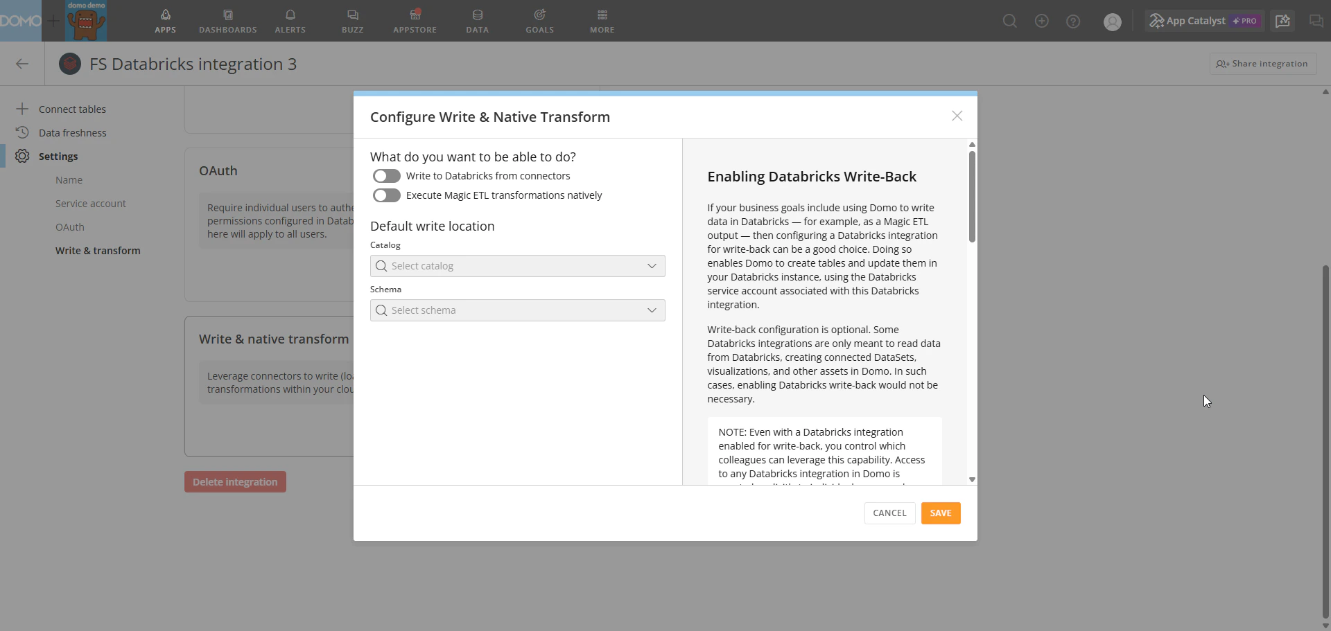 Configure Write & Native Transform modal with capability checkboxes and write location dropdowns.