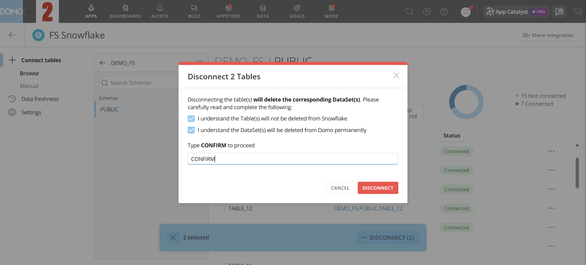 Confirm the disconnection by selecting both checkboxes and typing CONFIRM.