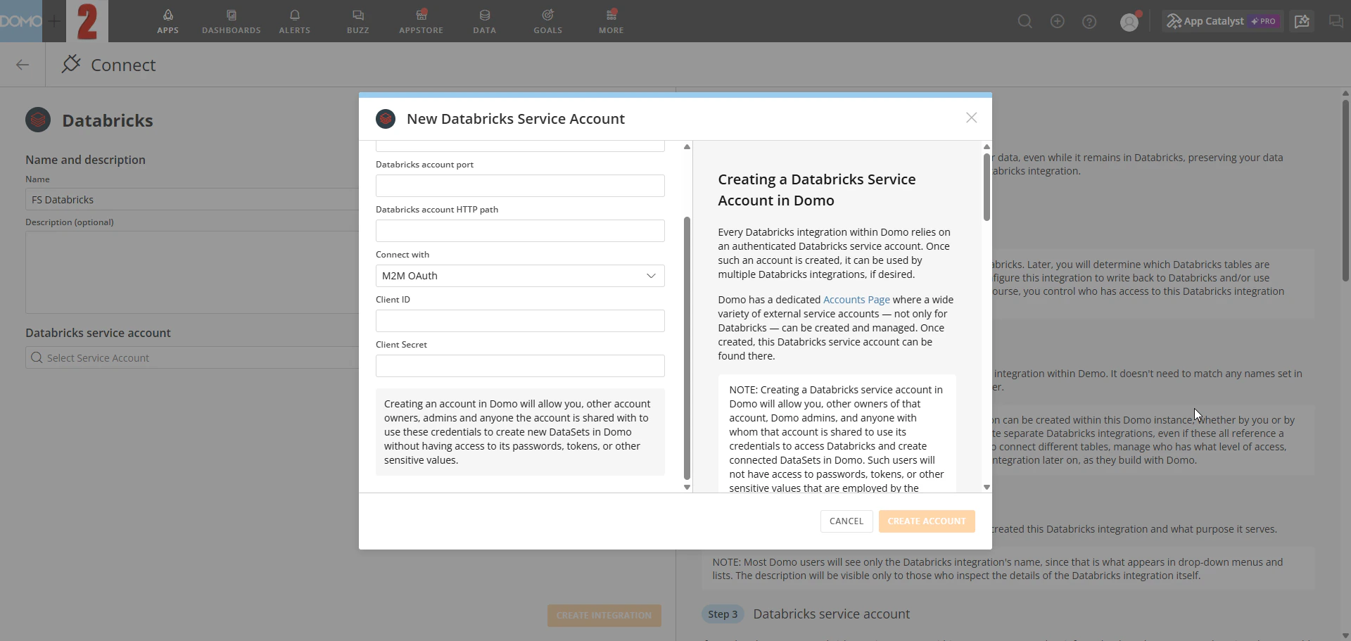 New Databricks Service Account modal with M2M OAuth selected, showing Client ID and Client Secret fields.