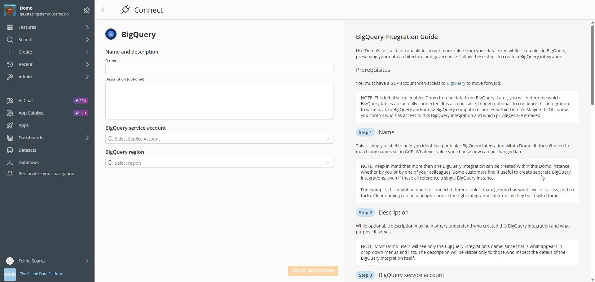 BigQuery integration setup form