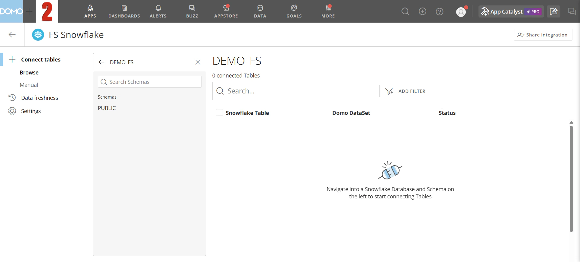 Select a schema to load its tables in the right panel
