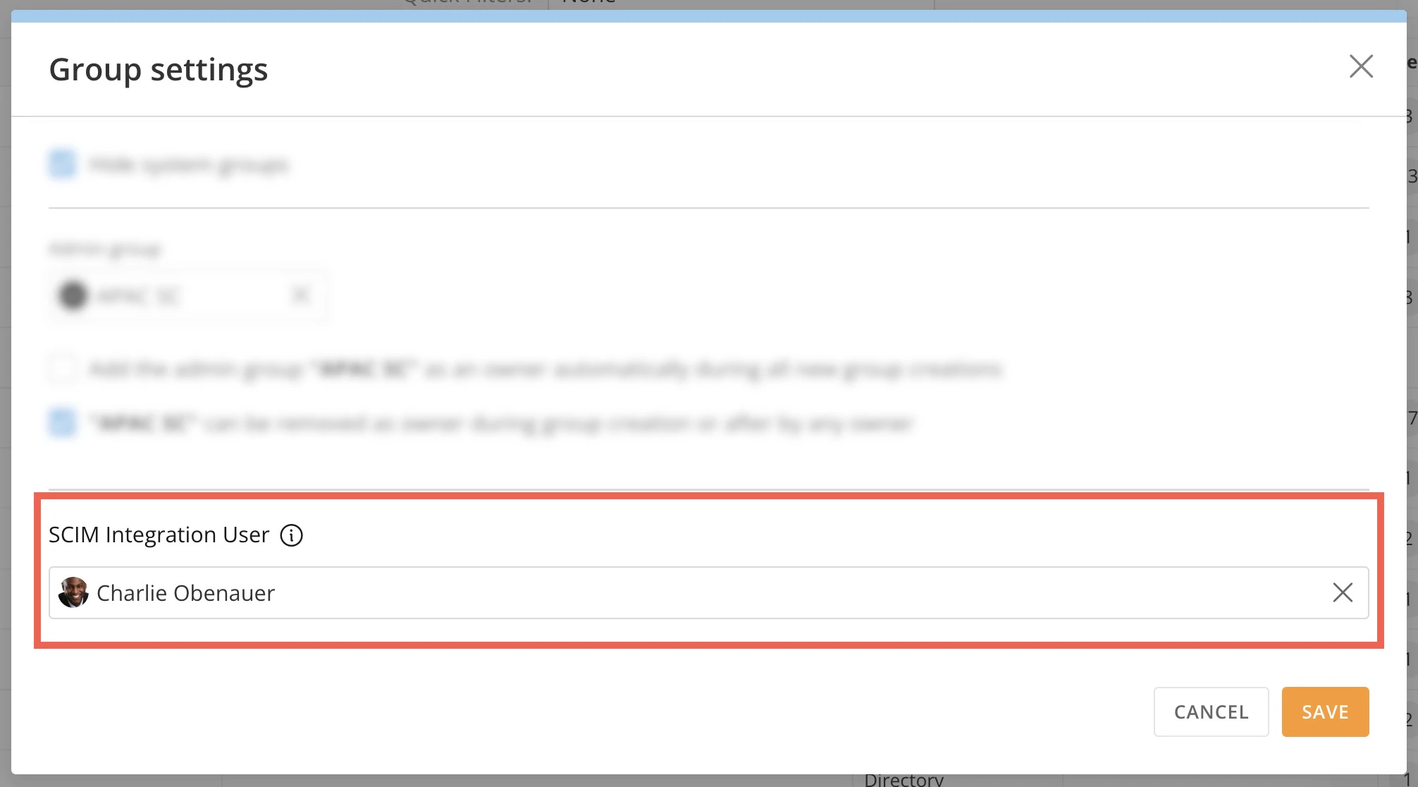 Group Settings modal with dropdown to select the SCIM Integration User