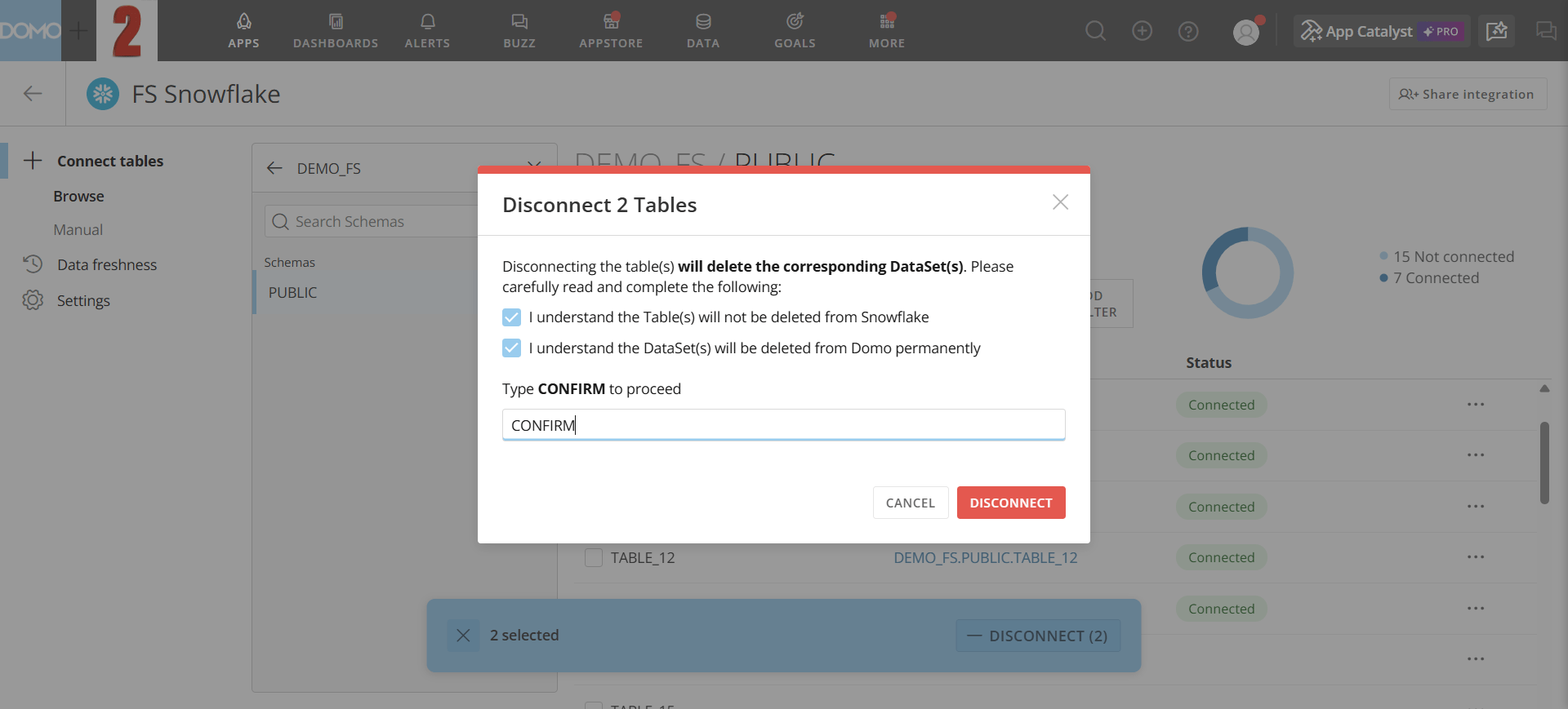 Confirm the disconnection by selecting both checkboxes and typing CONFIRM.