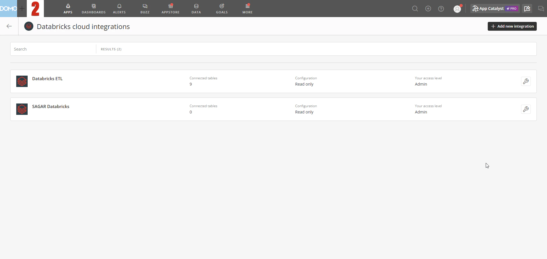 The Databricks Cloud Integrations list showing existing integrations and the Add new integration button.