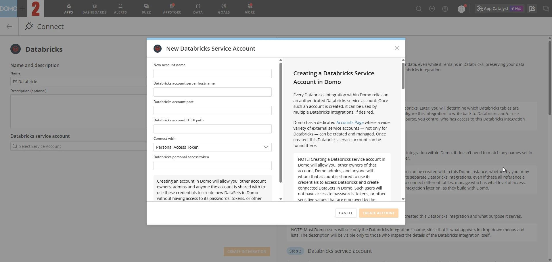 New Databricks Service Account modal with Personal Access Token selected.