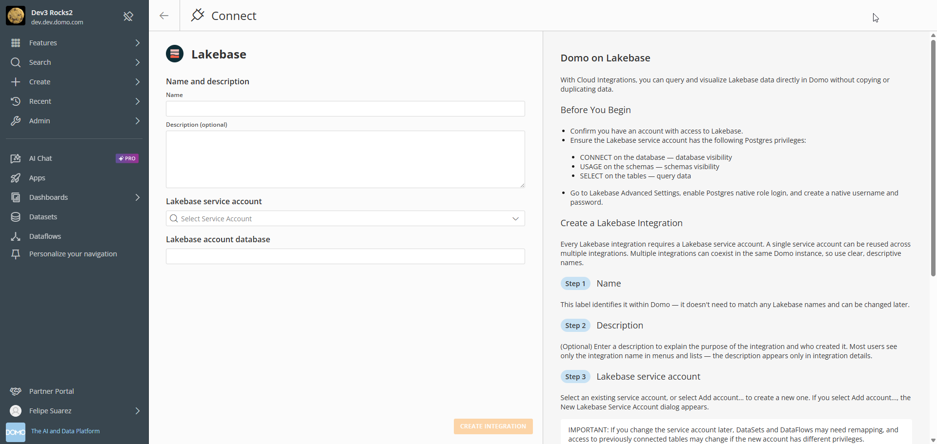 Lakebase integration setup form