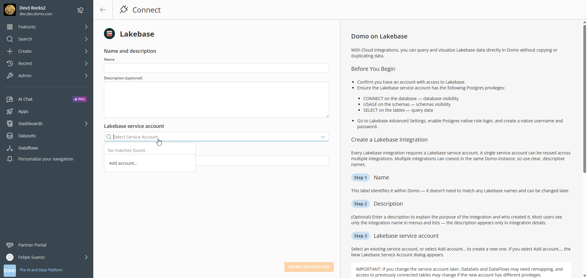 Lakebase service account dropdown