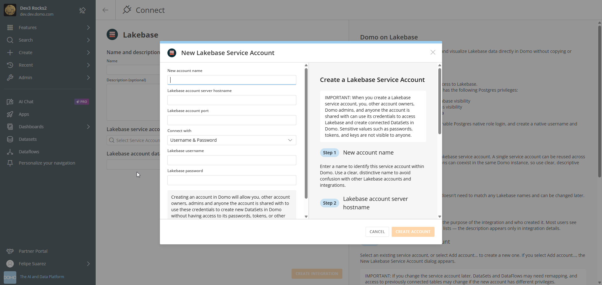 New Lakebase Service Account dialog — Username & Password