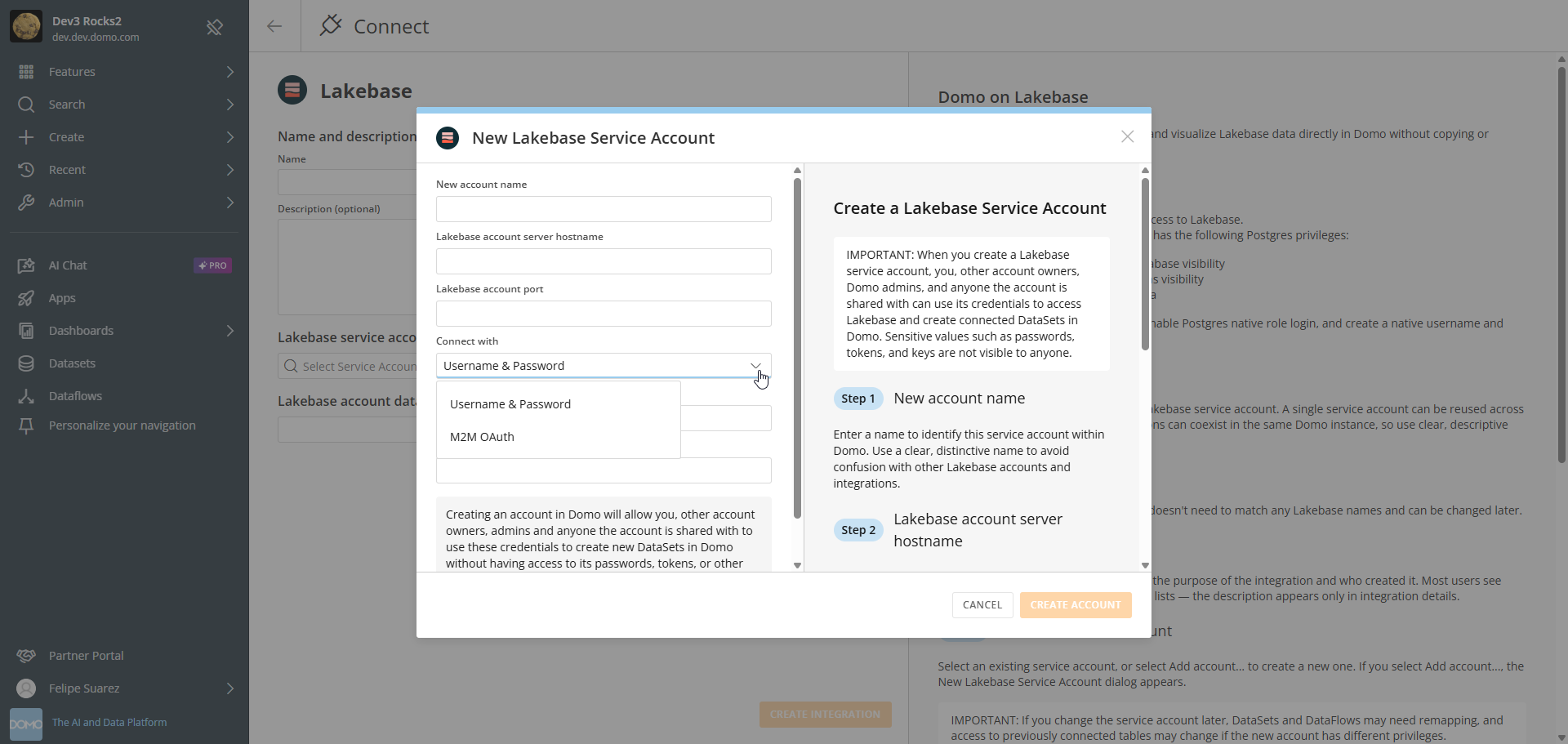 New Lakebase Service Account dialog — M2M OAuth selected