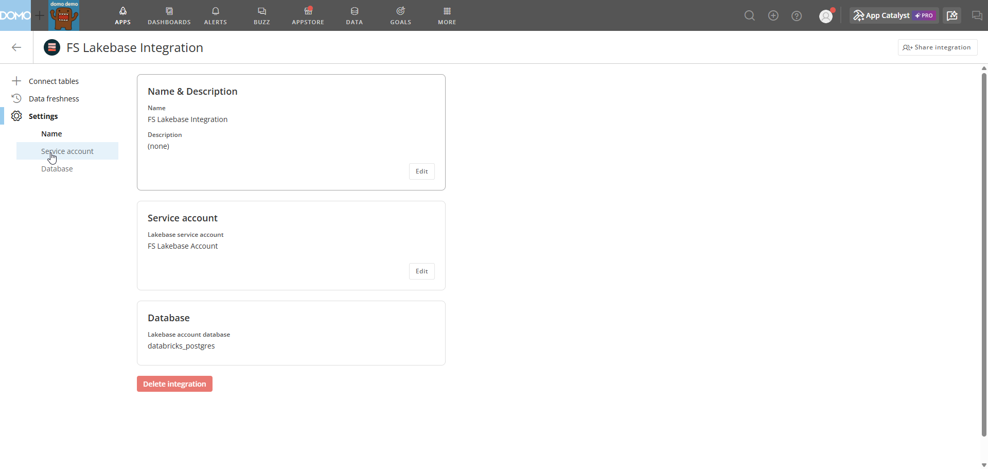Integration settings page