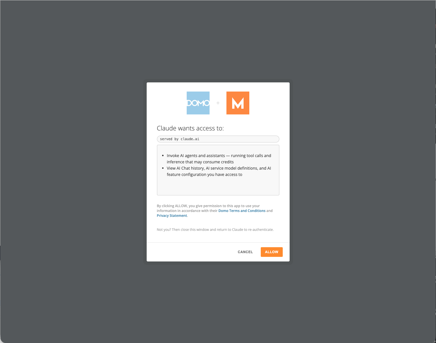Domo OAuth login, step two