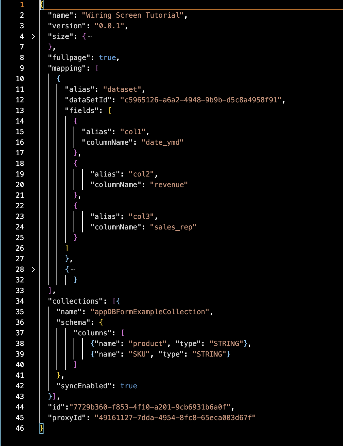 Sample manifest.json open in an editor showing the name "Wiring Screen Tutorial", version, size, fullpage, datasetsMapping (with the dataset alias and col1/col2/col3 → date_ymd/revenue/sales_rep field mappings), collections (with appDBFormExampleCollection's product/SKU schema and syncEnabled: true), id, and proxyId properties.
