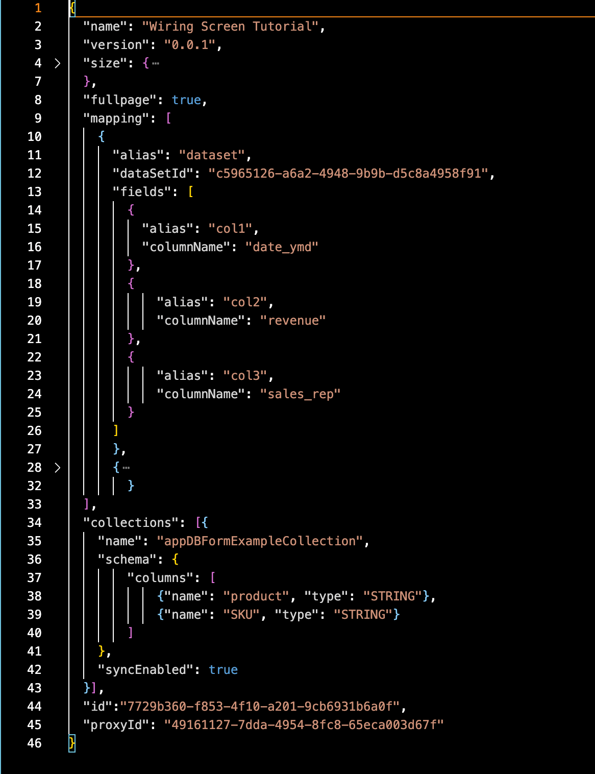 Sample manifest.json open in an editor showing the name "Wiring Screen Tutorial", version, size, fullpage, datasetsMapping (with the dataset alias and col1/col2/col3 → date_ymd/revenue/sales_rep field mappings), collections (with appDBFormExampleCollection's product/SKU schema and syncEnabled: true), id, and proxyId properties.
