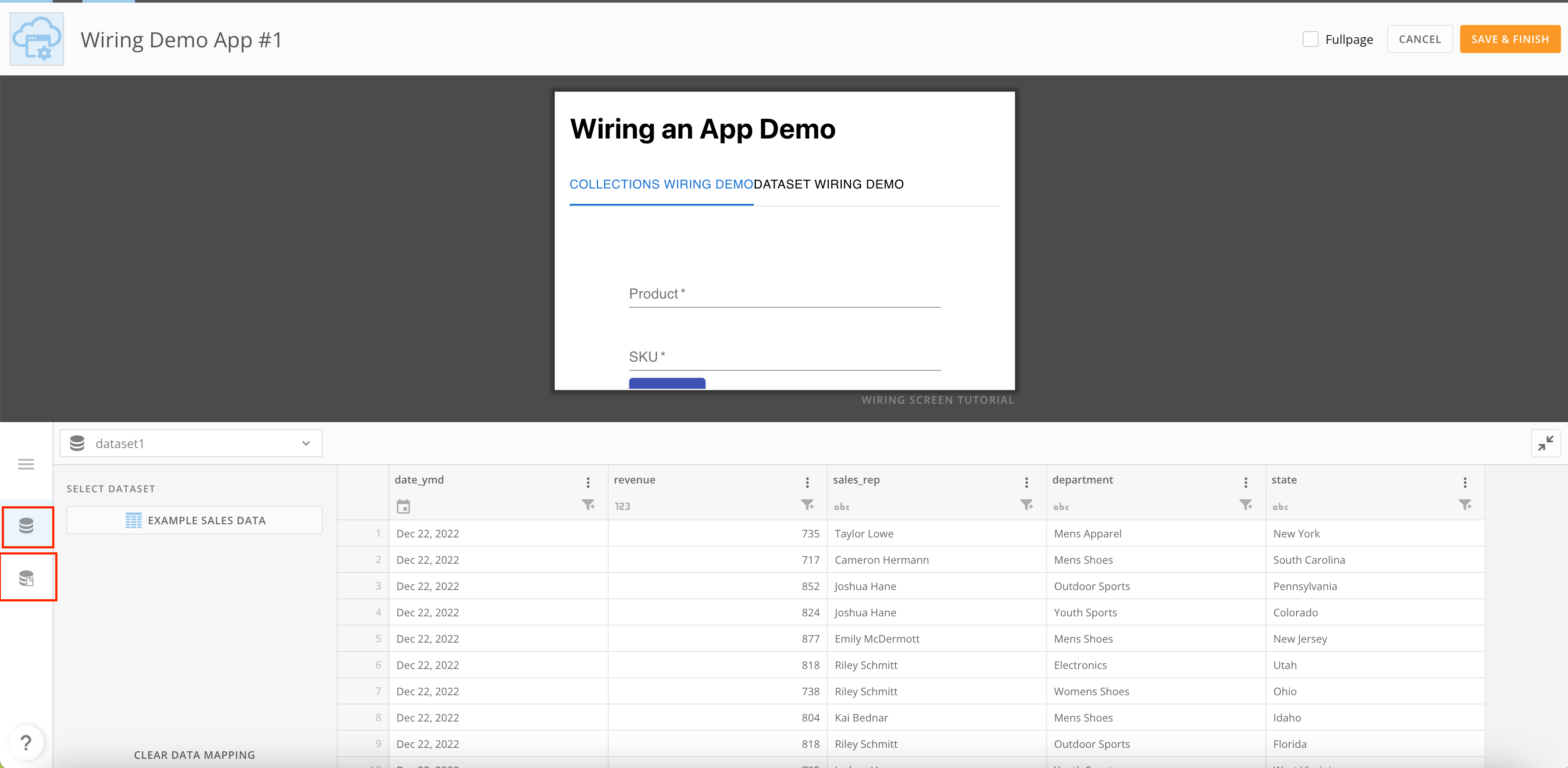 App Wiring screen showing the App preview on top and, in the lower half, the SELECT DATASET panel with the DataSet/Collections tab icons on the left rail and a DataSet table preview on the right.