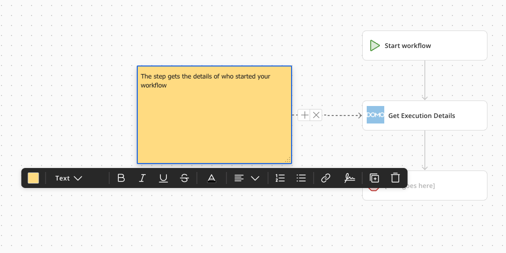 A comment box on the workflow canvas with the formatting toolbar showing options for color, text style, alignment, lists, and links. The comment is connected to a workflow step.