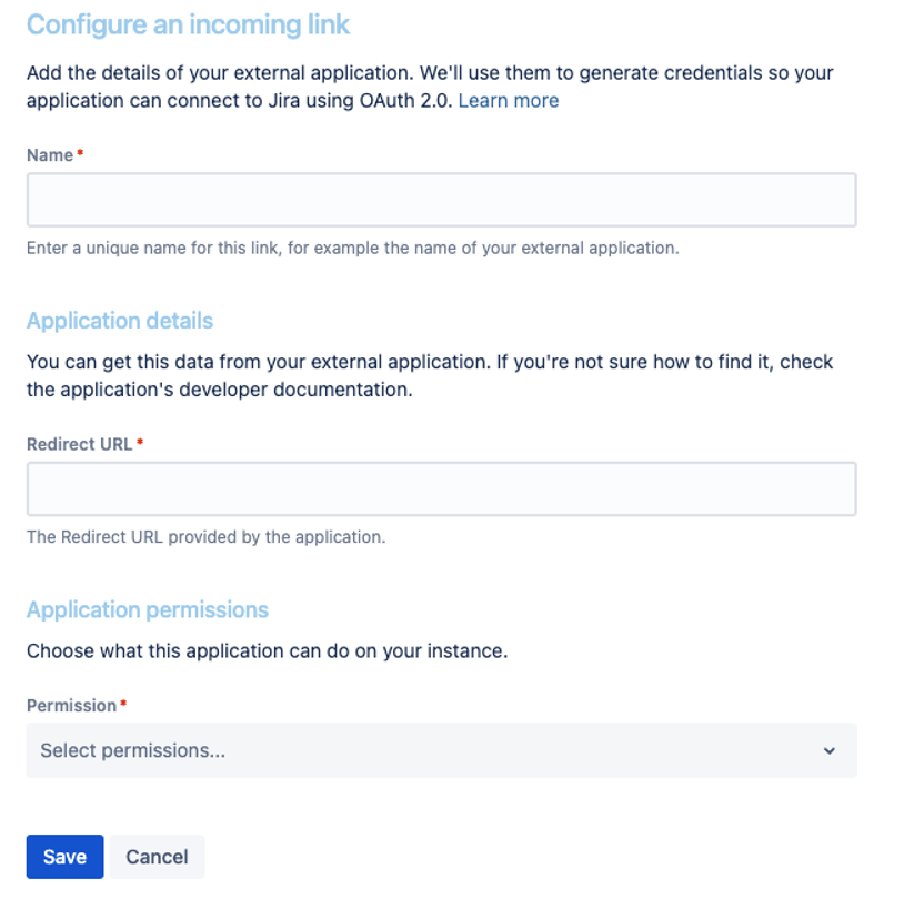 Create incoming link form showing the Redirect URL and Permission fields