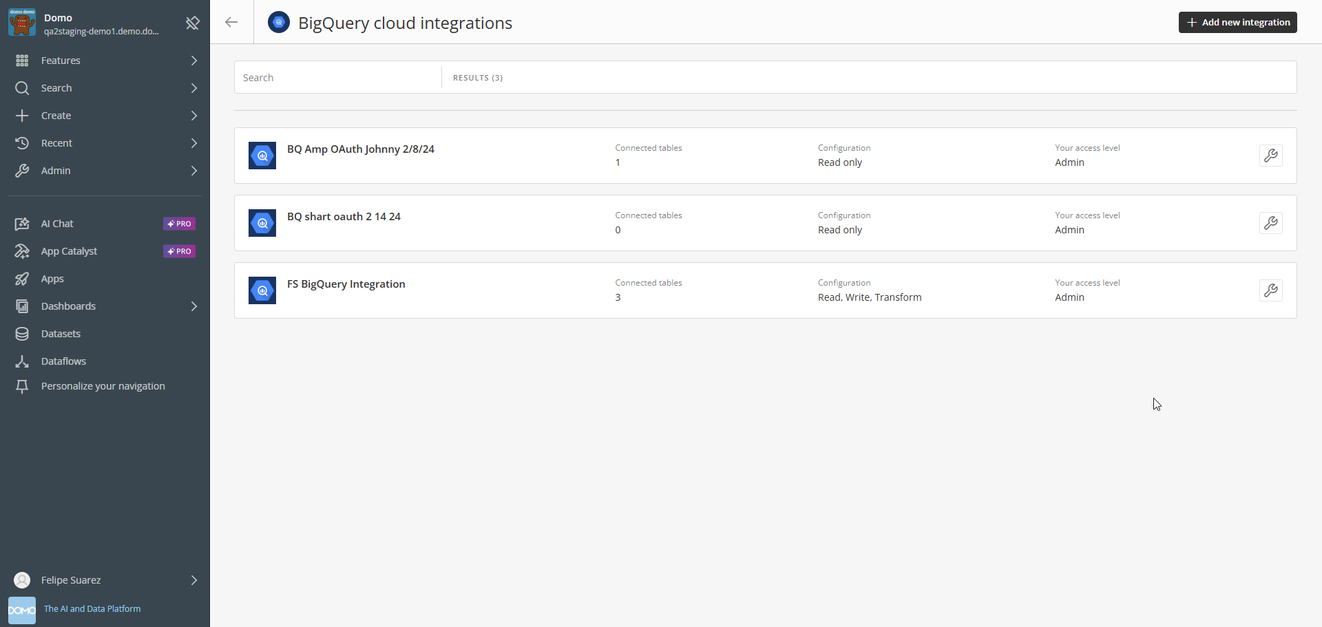 BigQuery cloud integrations list