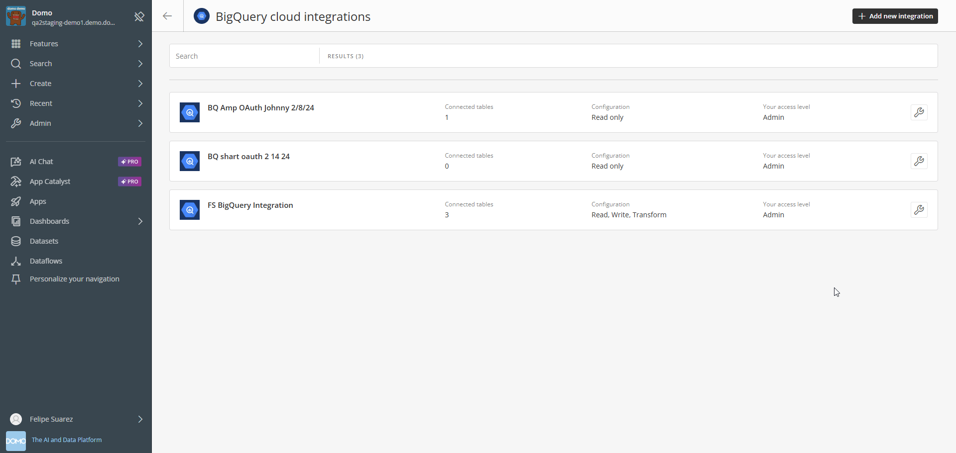 BigQuery cloud integrations list