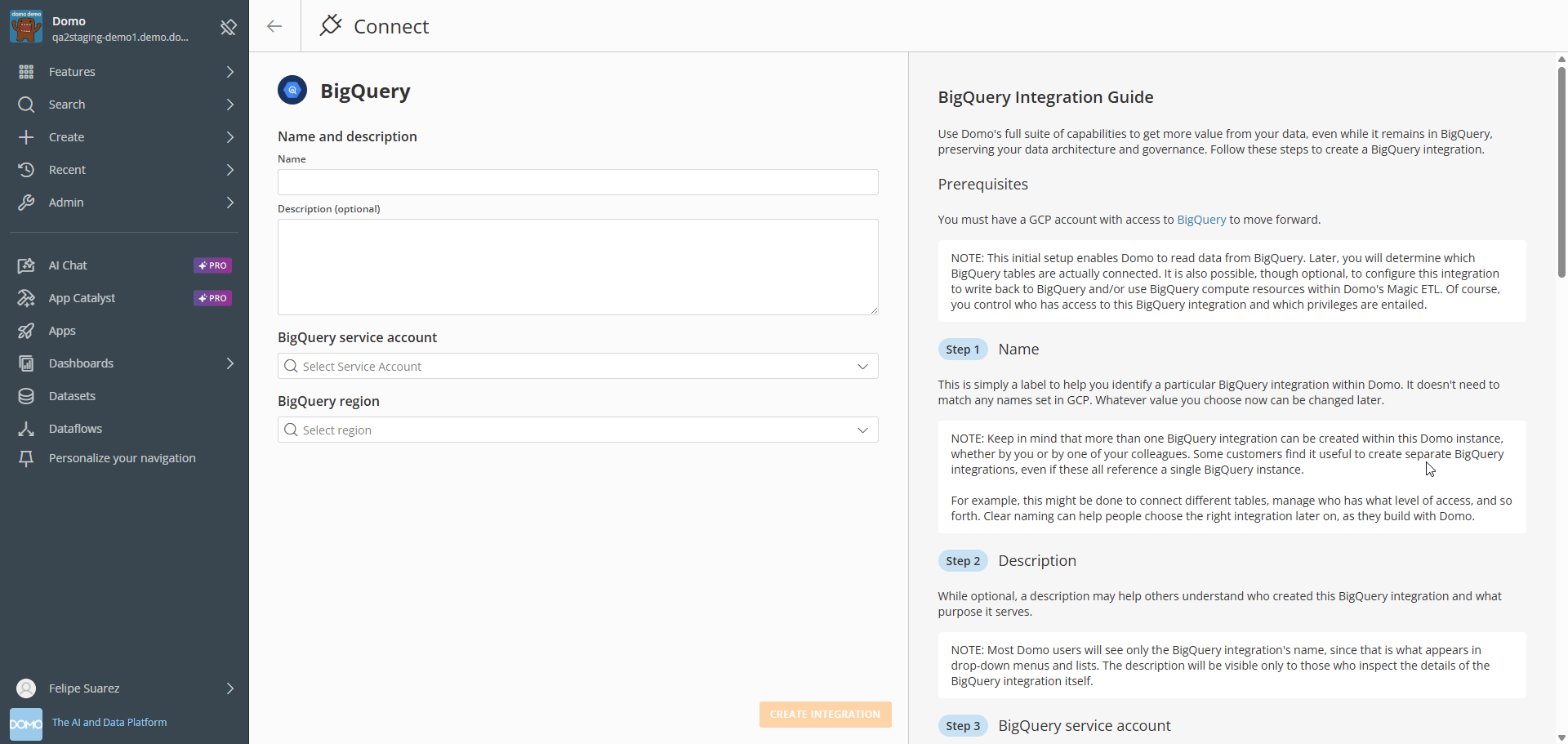 BigQuery integration setup form