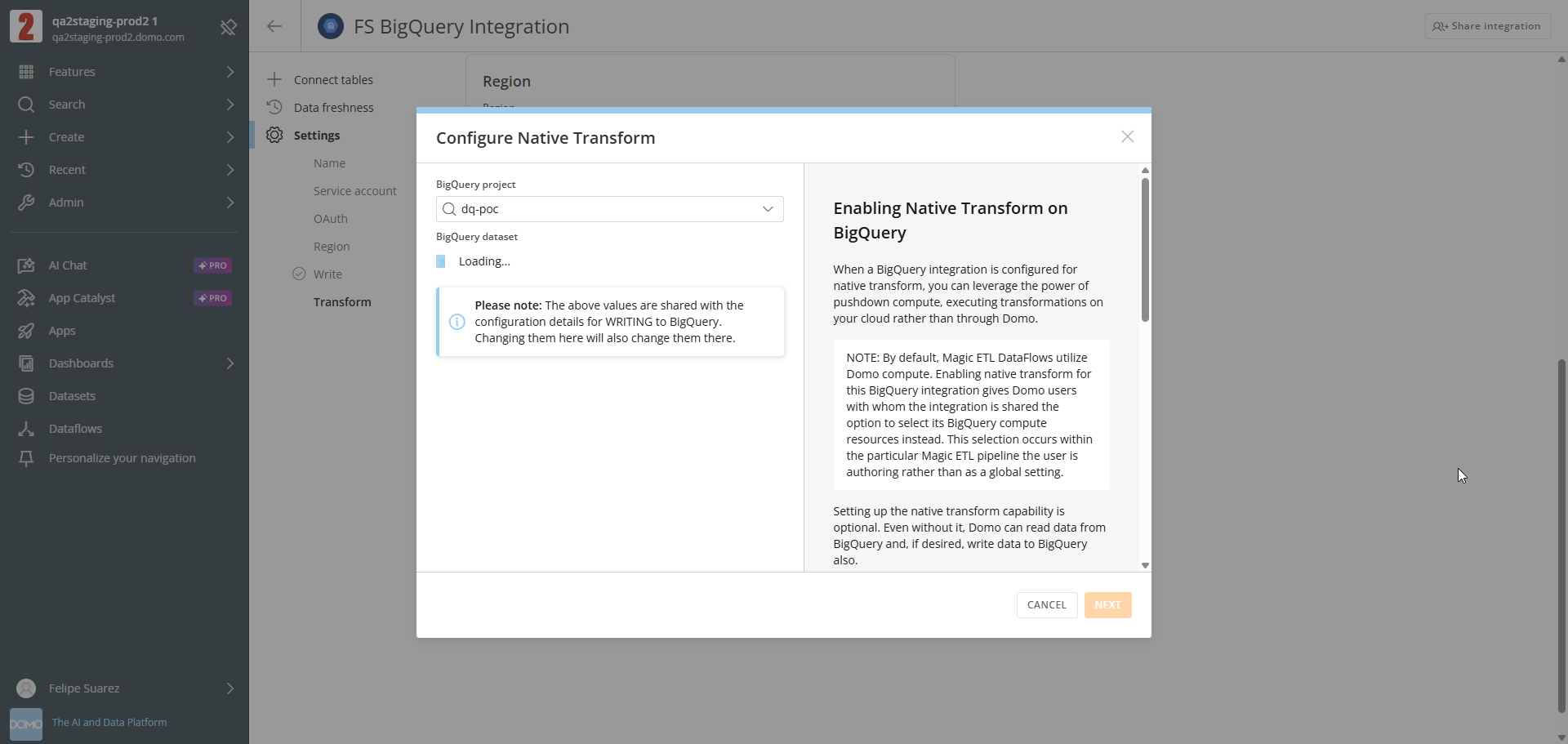 Configure Native Transform dialog