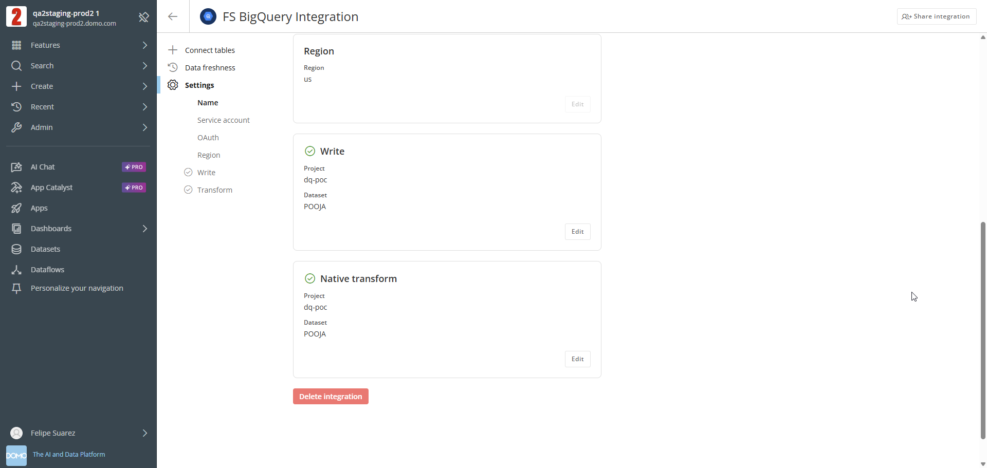 Settings page with writeback and native transform enabled