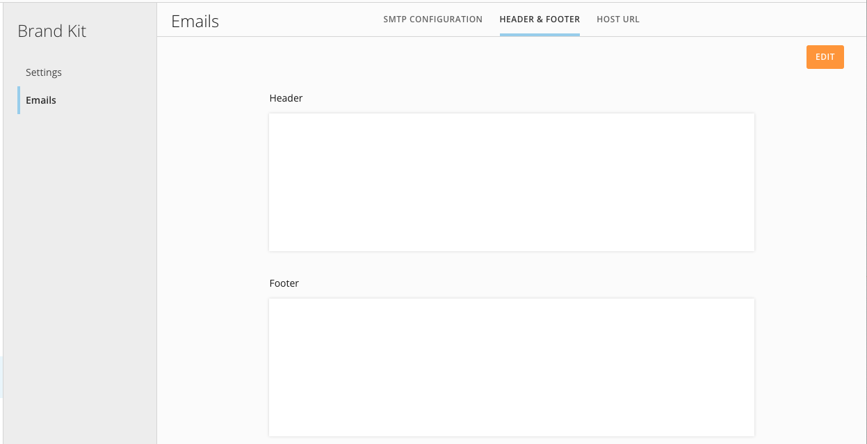Brand Kit Emails page with the Header & Footer tab selected, showing empty Header and Footer fields and an Edit button in the top-right corner.