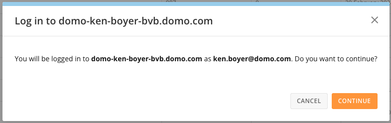 Log in to subscriber instance modal confirming the email address used to sign in, with Cancel and Continue buttons.