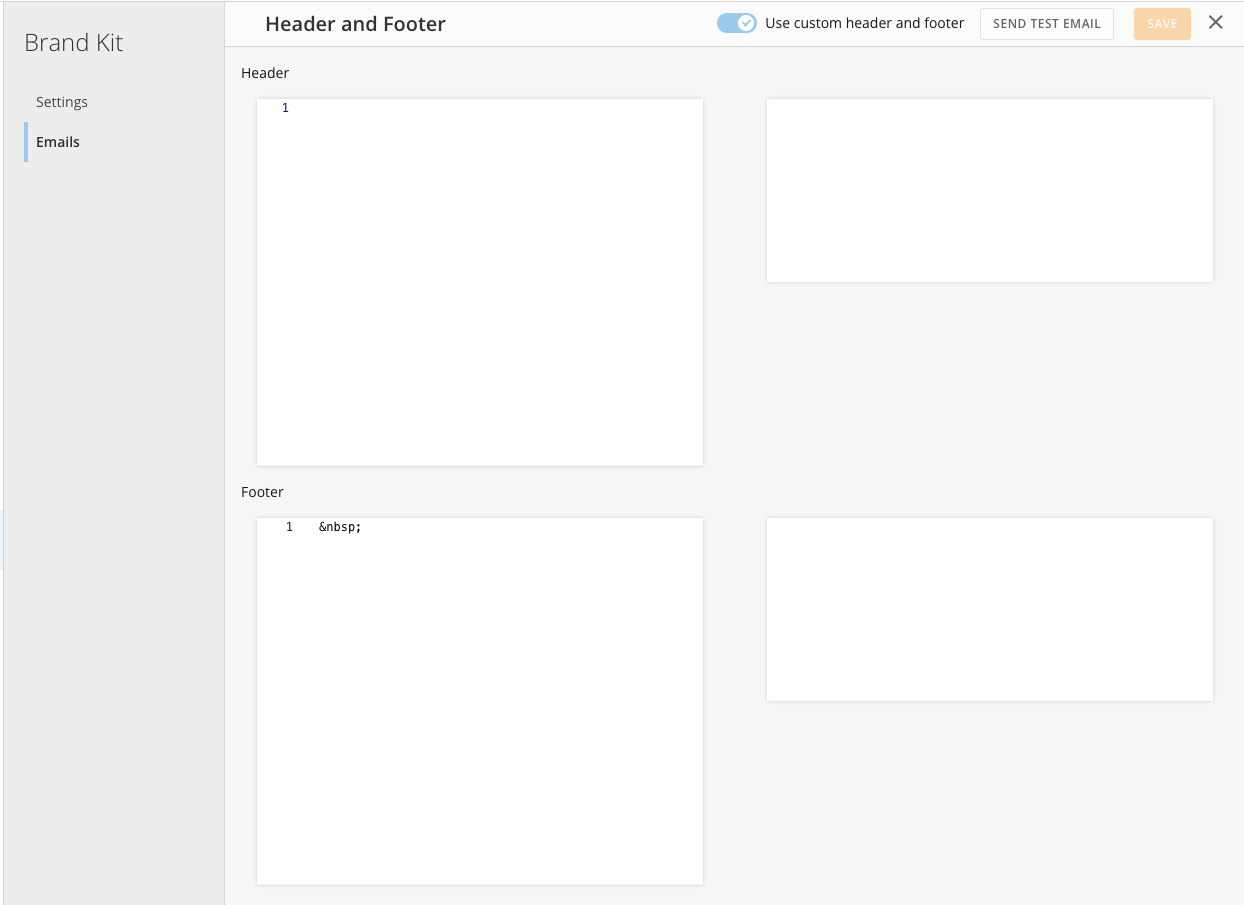 Header and Footer panel with the Use custom header and footer toggle enabled, an empty Header field, and a non-breaking space entered in the Footer field, ready to save.