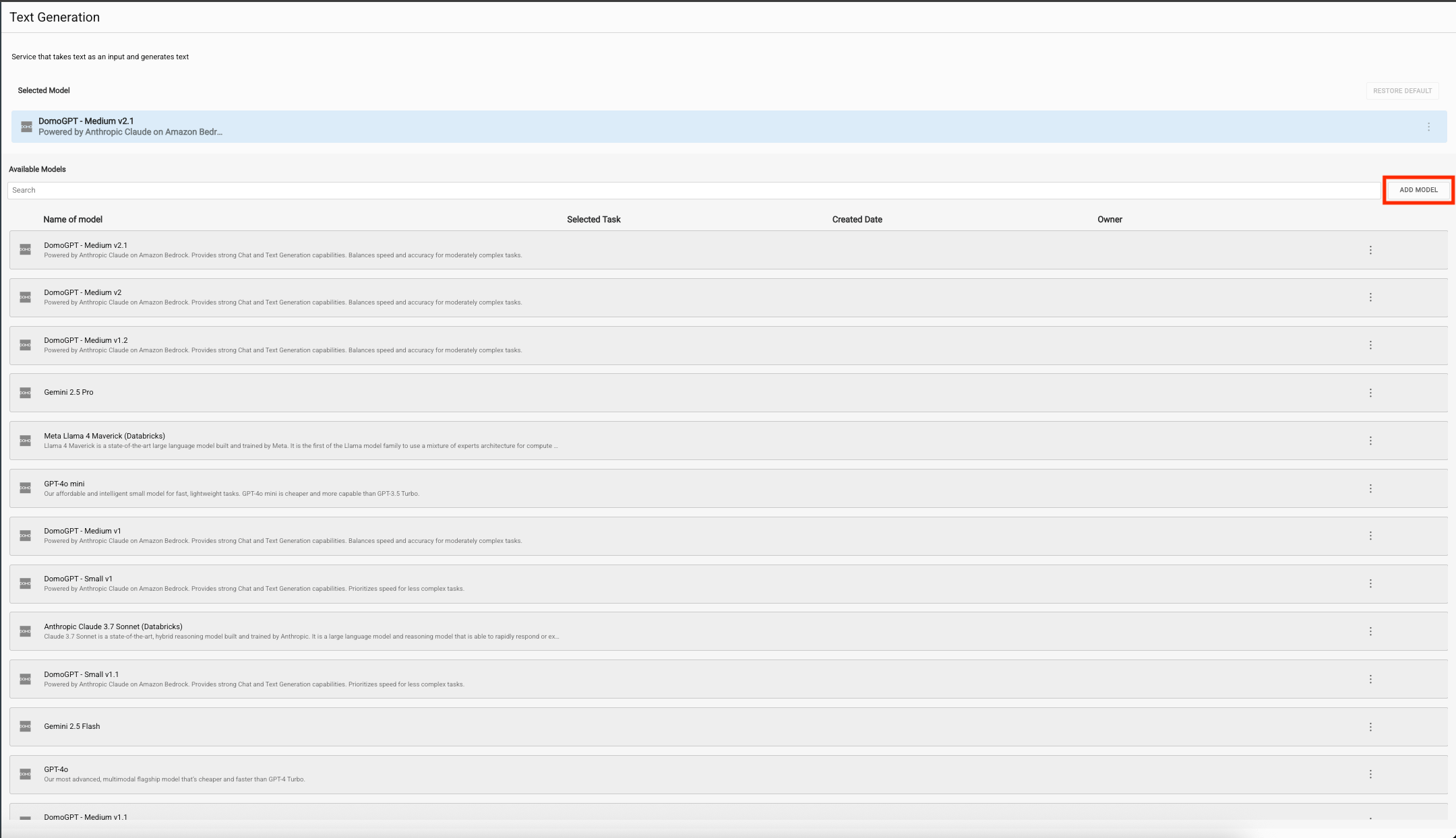 Add Model button on the Text Generation service page