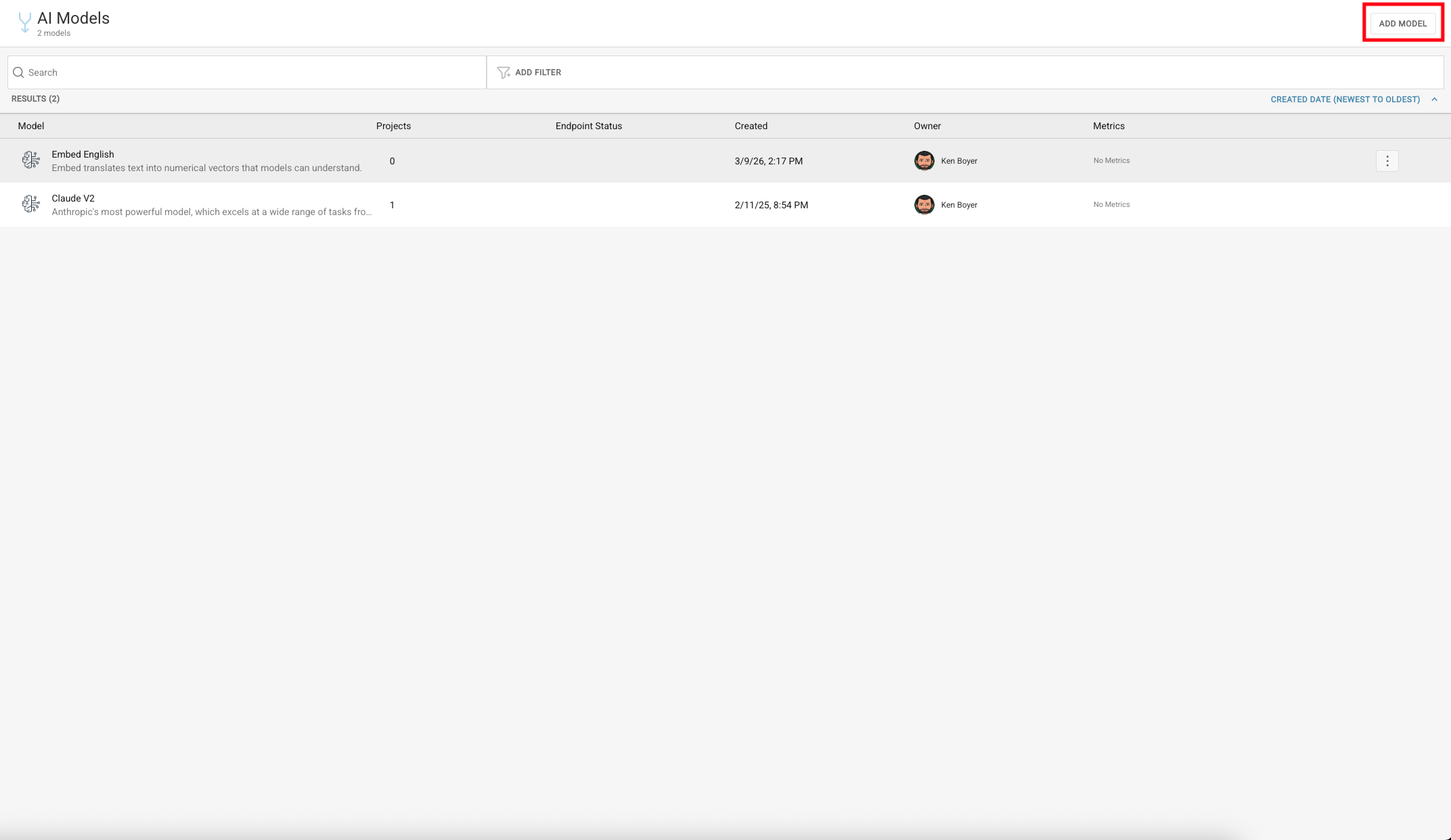 Add Model button on the AI Models page