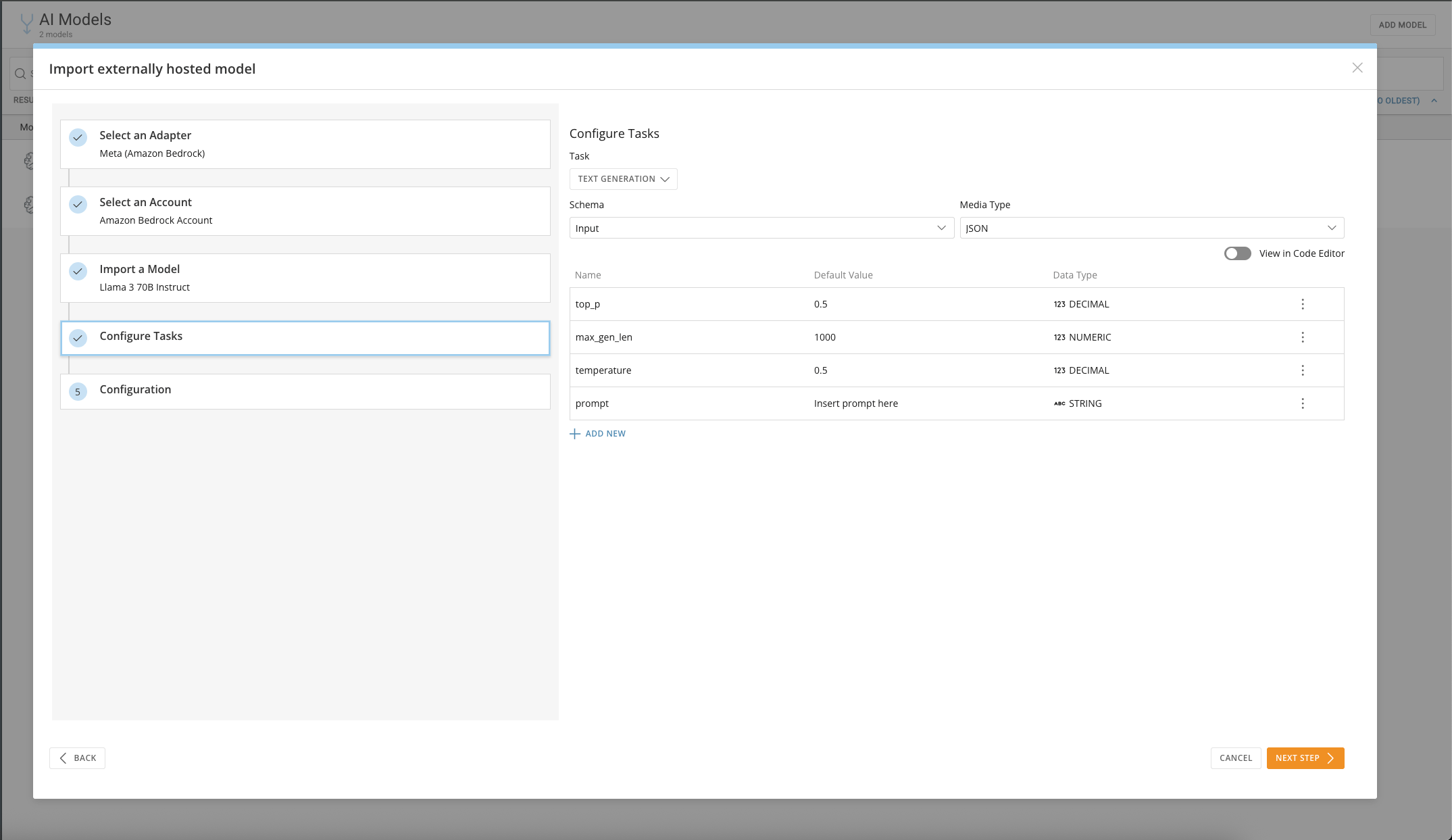Task configuration screen with input and output schema fields